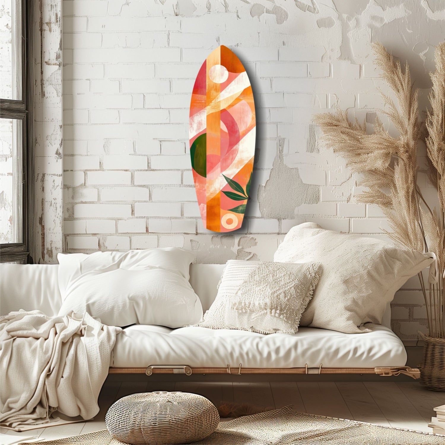 Colorful geometric glass wall art in orange, red, and green tones displayed above a minimalist cream bedside, mounted on white brick.