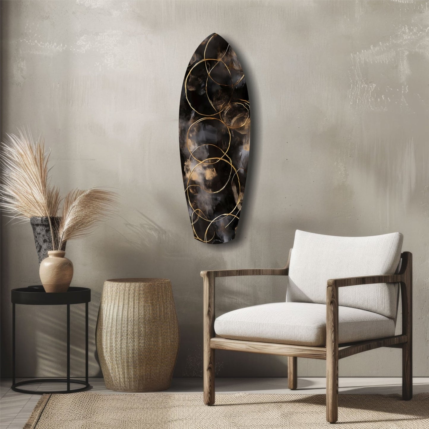 Black glass wall art with gold circular wire overlay displayed above wooden chair in modern interior setting.