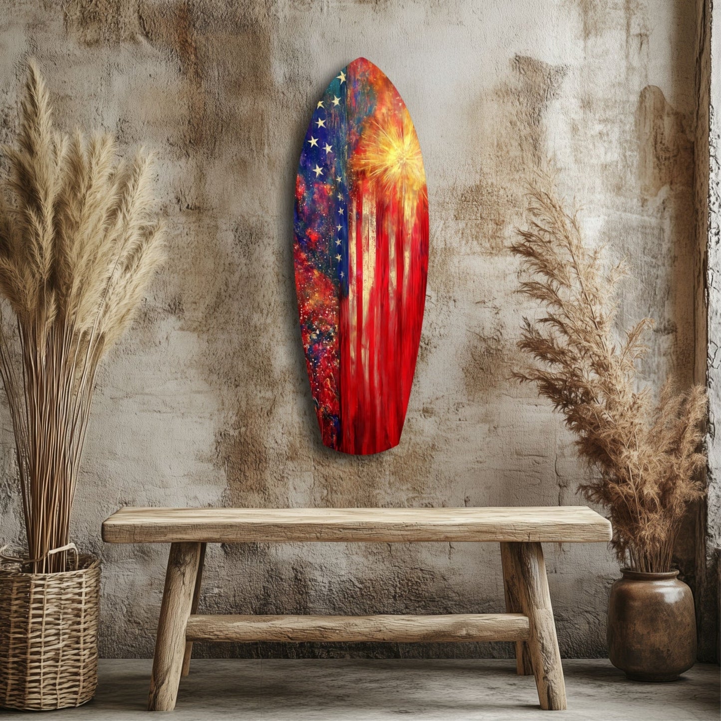 Patriotic glass surfboard wall art with American flag design and sunburst, displayed above wooden bench in rustic interior.