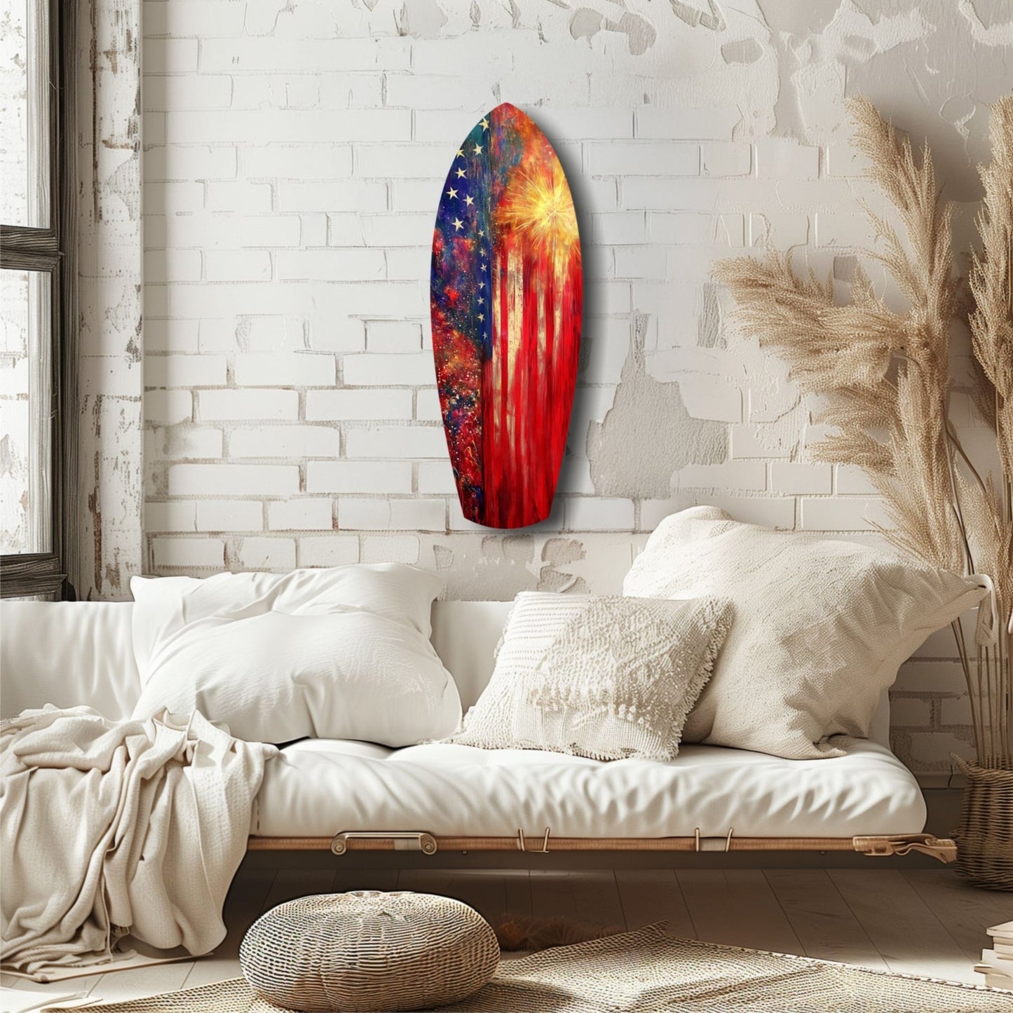 Oval glass wall art with American flag design in red, white, and blue hanging above a cream-colored bed in a minimalist bedroom.