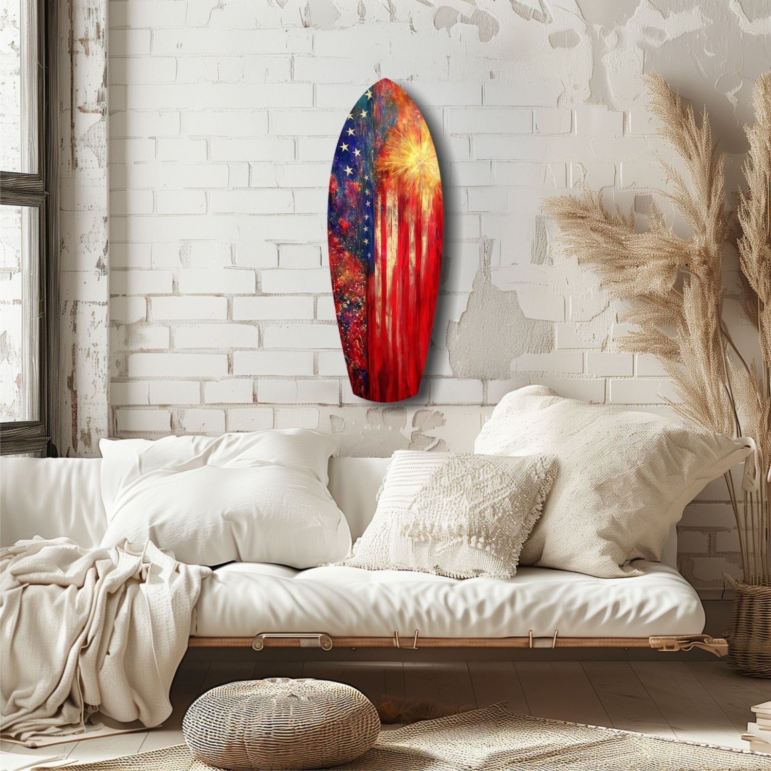 Oval glass wall art with American flag design in red, white, and blue hanging above a cream-colored bed in a minimalist bedroom.