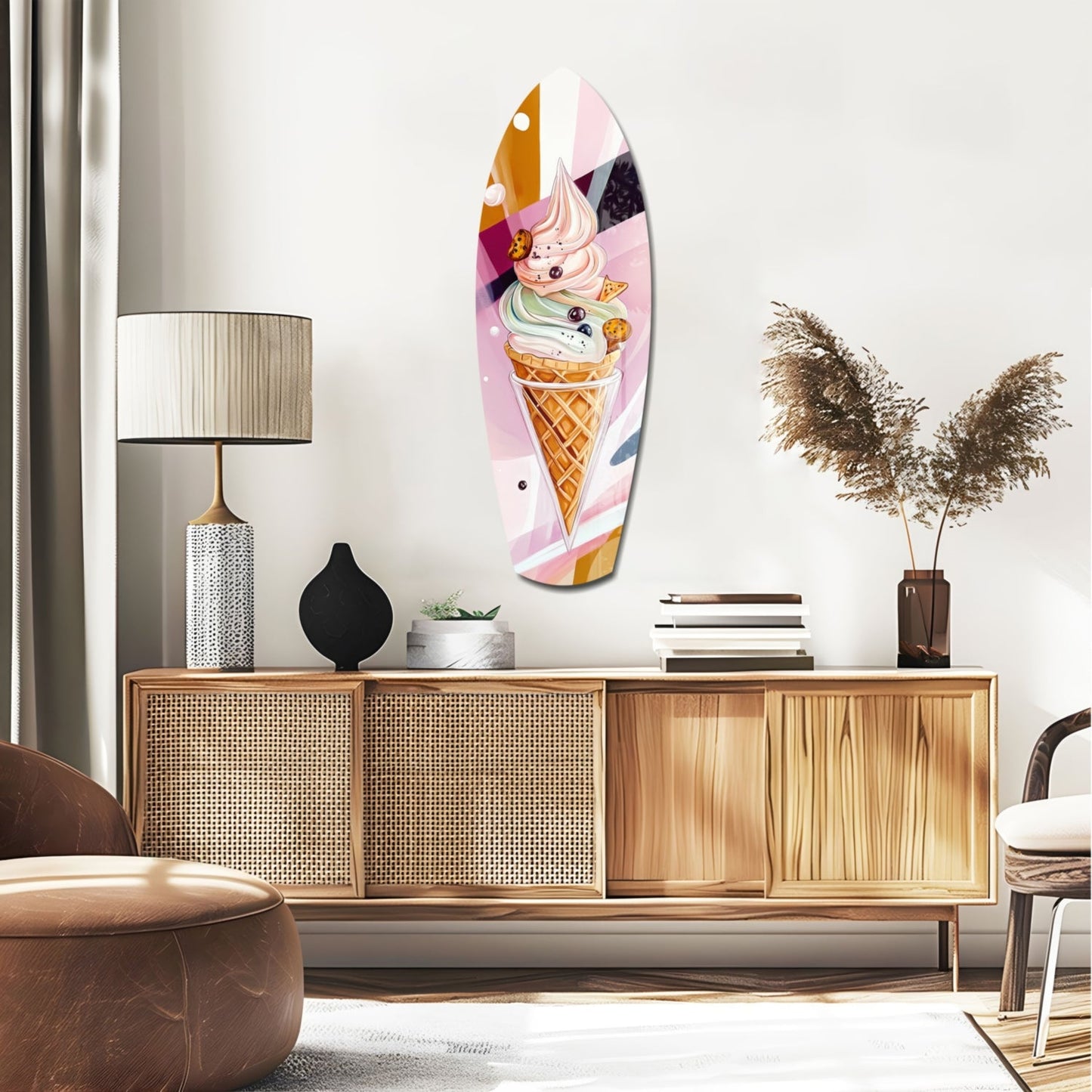 Colorful ice cream cone glass wall art displayed above wooden credenza in modern living room interior.