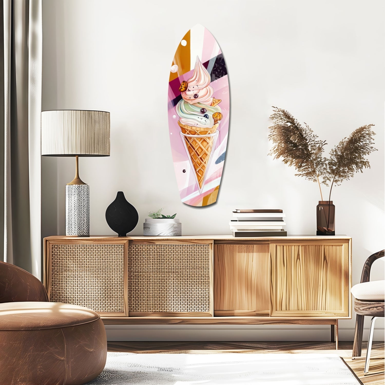Colorful ice cream cone glass wall art displayed above wooden credenza in modern living room interior.