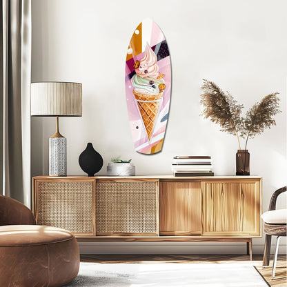 Colorful ice cream cone glass wall art displayed above wooden credenza in modern living room interior.