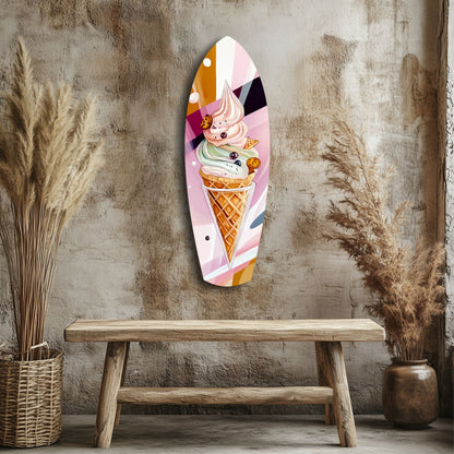 Colorful ice cream cone glass wall art hanging above wooden bench in rustic interior with dried flowers.