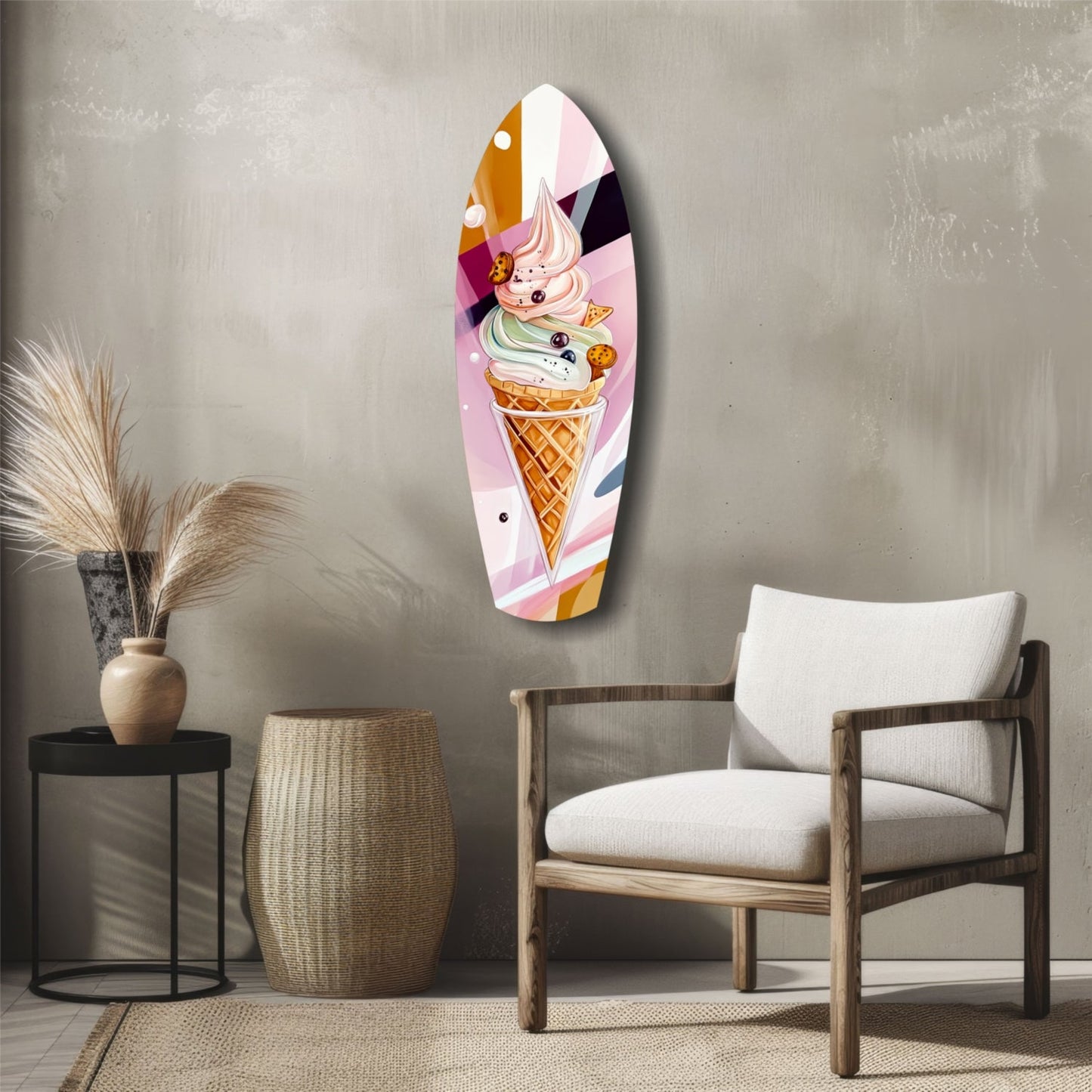 Oval ice cream cone glass wall art displayed above a wooden chair in a minimalist living room setting with pampas grass and neutral décor.