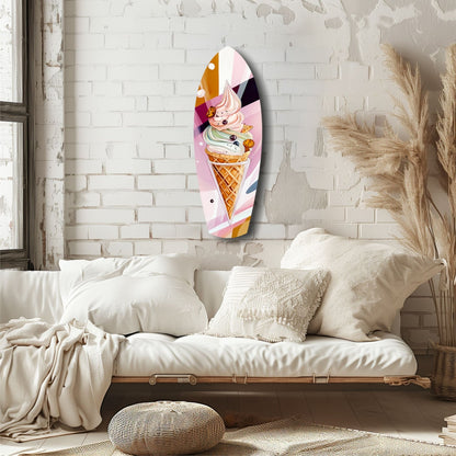 Colorful ice cream cone glass wall art displayed above a white bedside bench in a minimalist bedroom with brick walls.