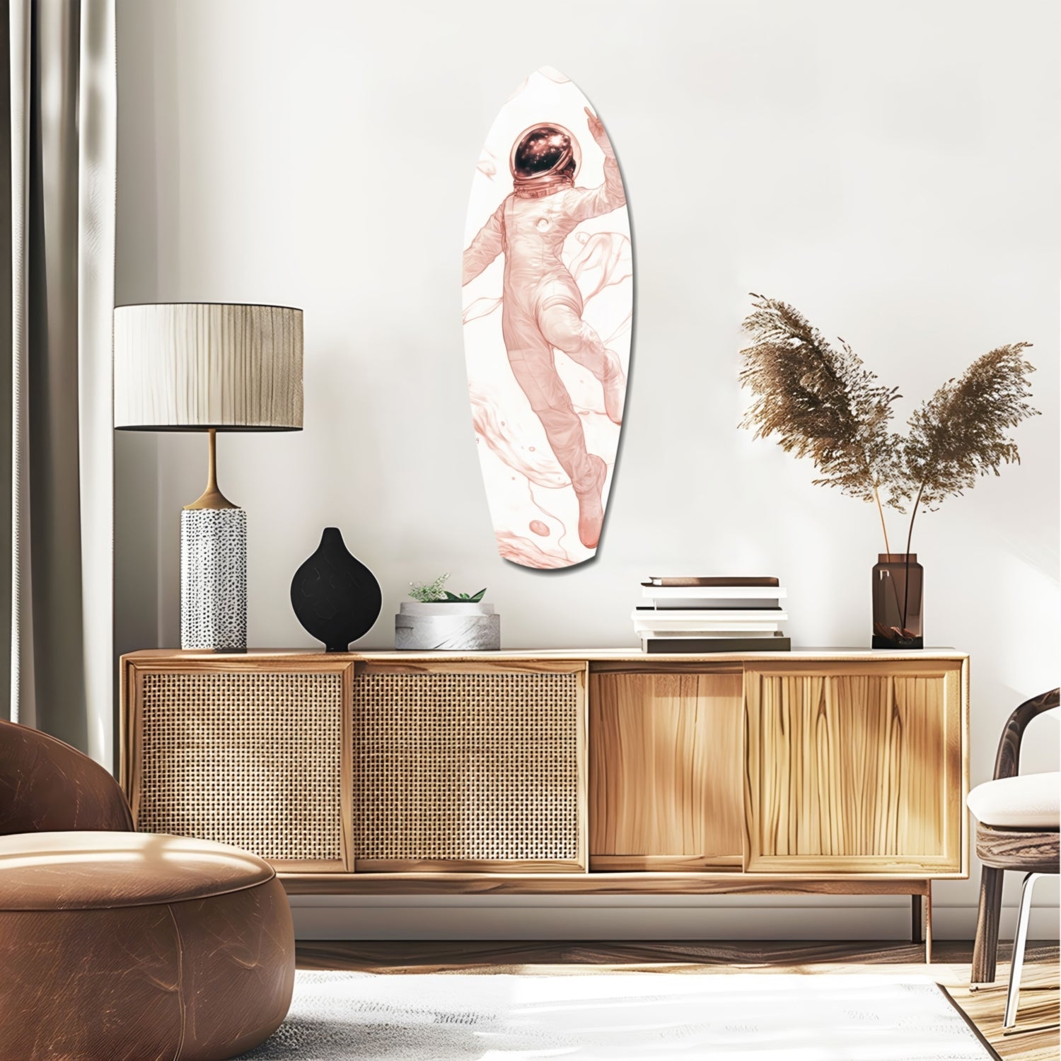 Oval glass wall art depicting a pink-toned astronaut floating against white background, displayed above wooden mid-century credenza in contemporary living room.