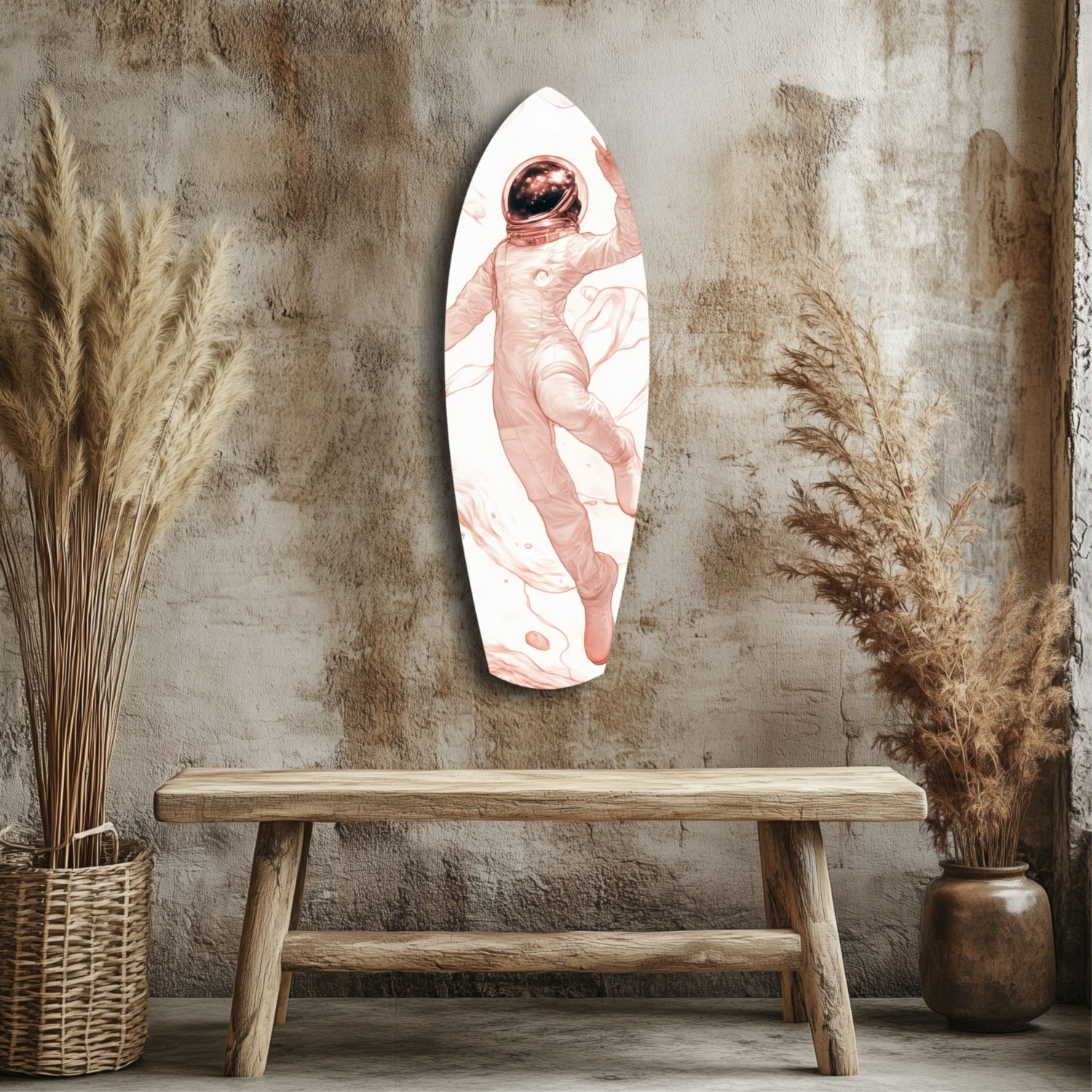 White oval glass panel displaying pink illustration of astronaut in space suit mounted on textured gray wall above wooden bench.