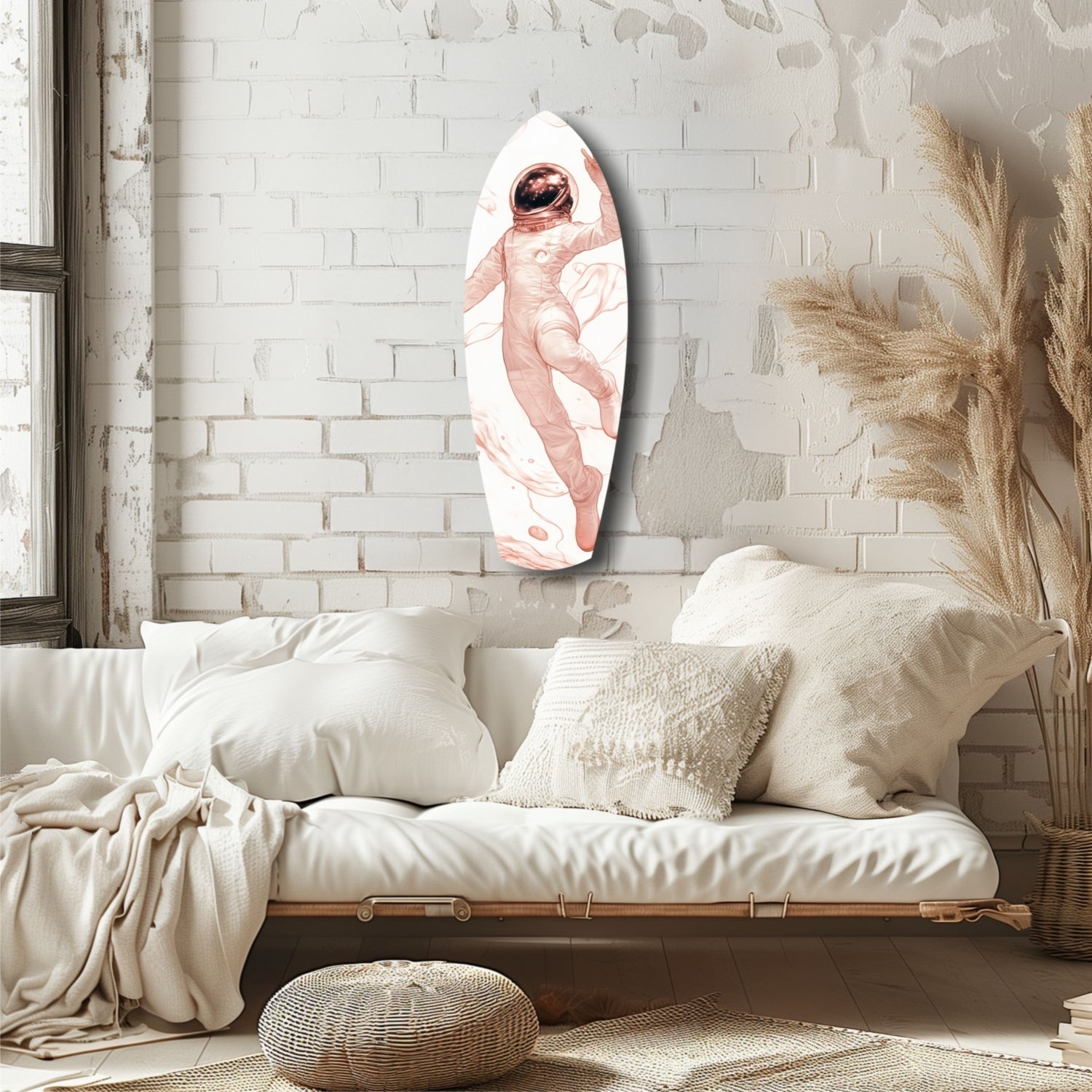 Oval glass wall art depicting a pink astronaut floating in white space, displayed above a cream linen sofa in a minimalist bedroom.