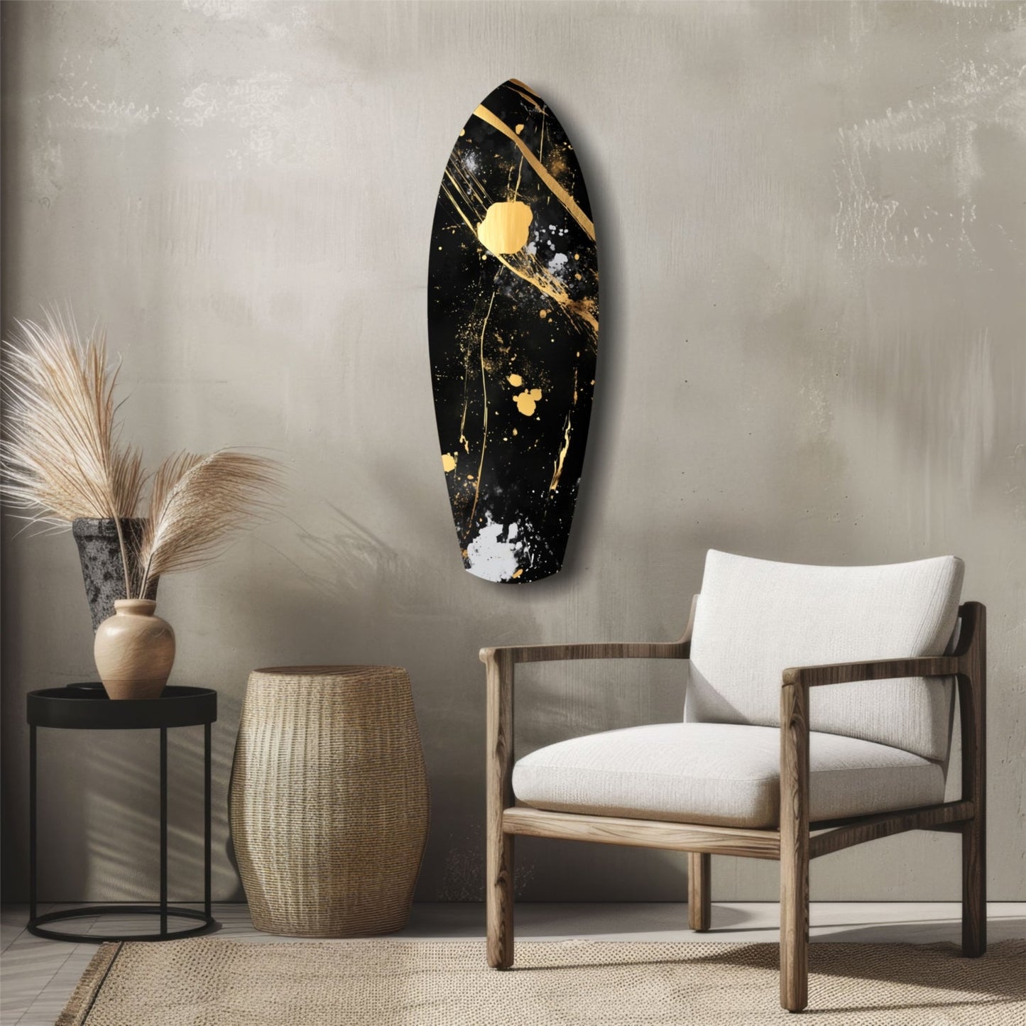 Black and gold stained glass wall art displayed above a wooden chair in a minimalist interior setting.