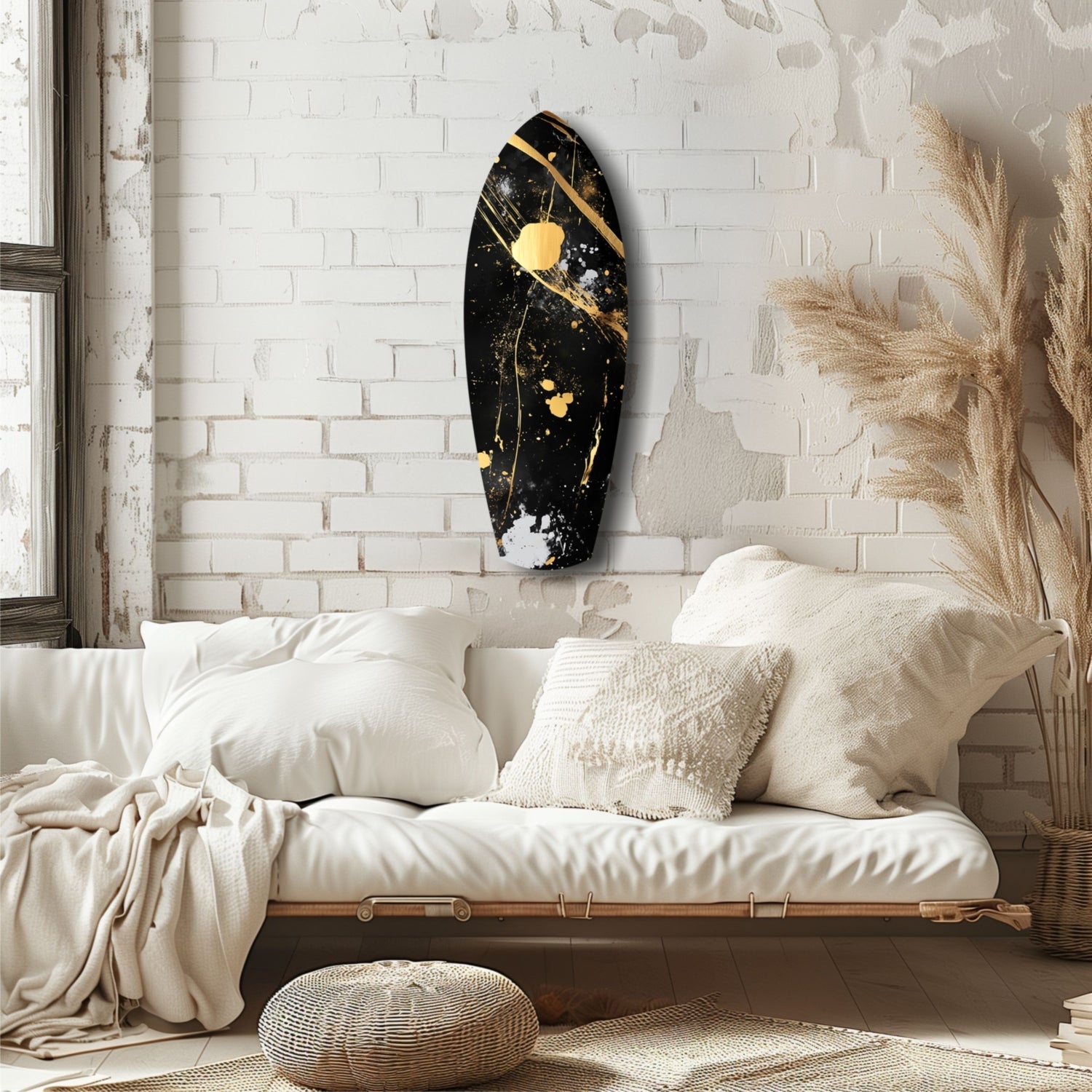 Black and gold stained glass wall art displayed above a cream upholstered daybed in minimalist bedroom setting.