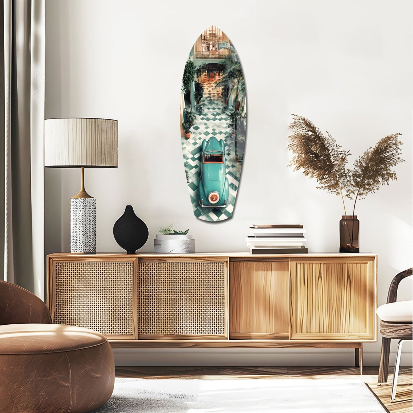 Vintage turquoise car glass wall art displayed above wooden mid-century credenza in modern living room setting.