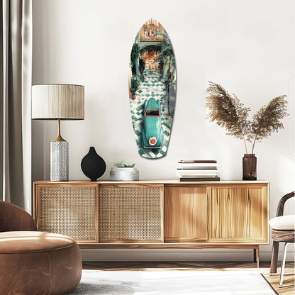 Vintage turquoise car glass wall art displayed above wooden mid-century credenza in modern living room setting.