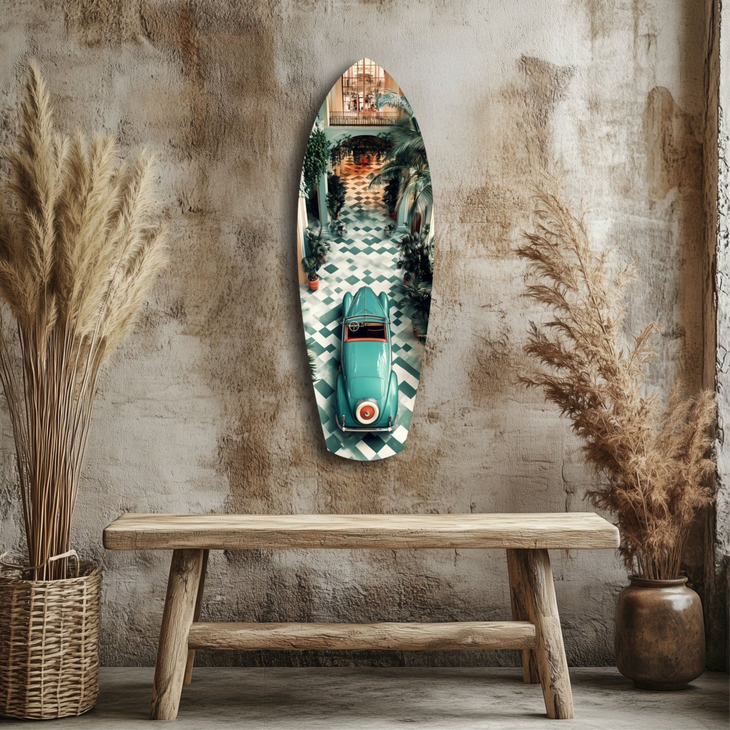 Turquoise vintage car glass wall art mounted above wooden bench, flanked by dried pampas grass in woven and ceramic vessels.