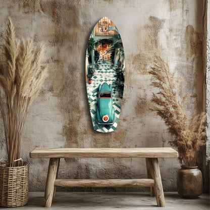 Turquoise vintage car glass wall art mounted above wooden bench, flanked by dried pampas grass in woven and ceramic vessels.