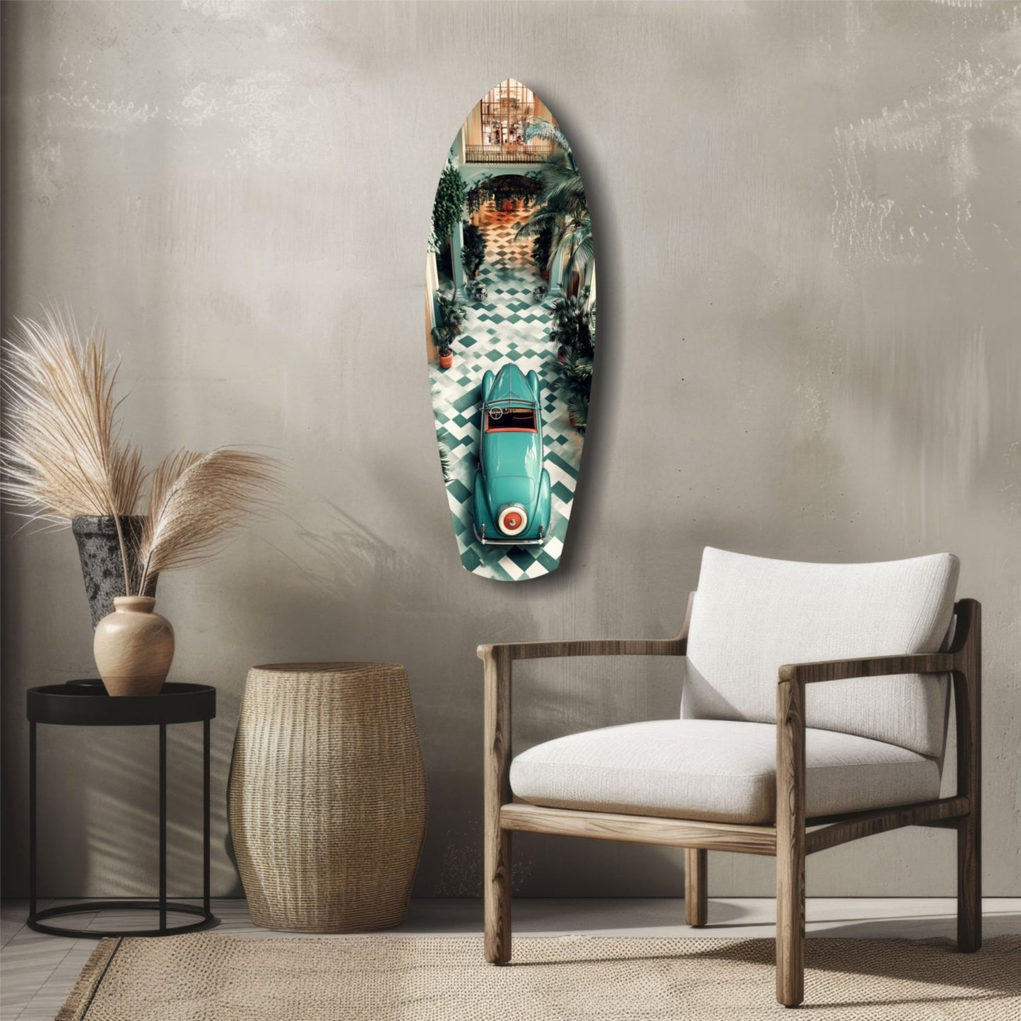 Turquoise vintage car glass wall art displayed above wooden chair in minimalist interior with neutral furnishings.