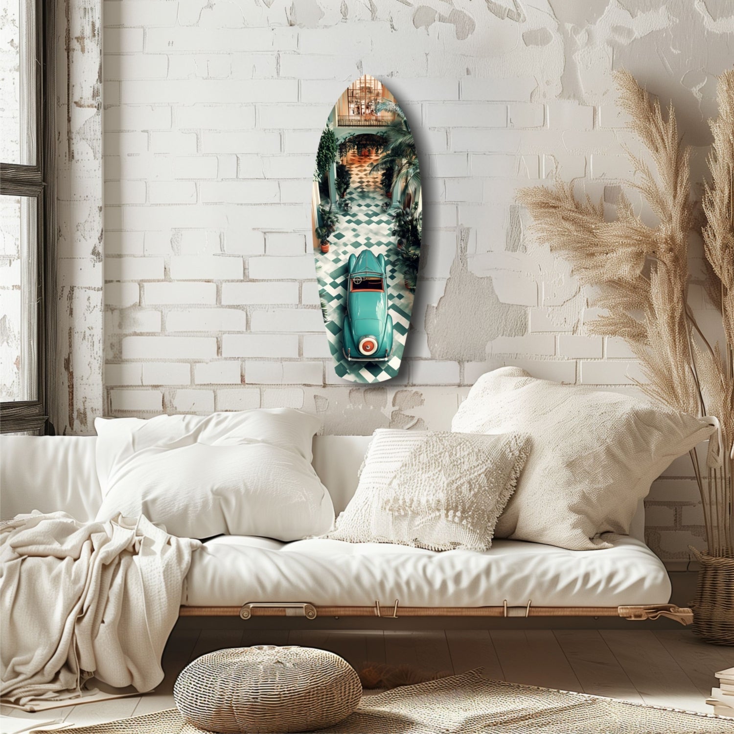 Turquoise vintage car glass wall art mounted above a cream linen sofa in a minimalist bedroom with white brick walls.