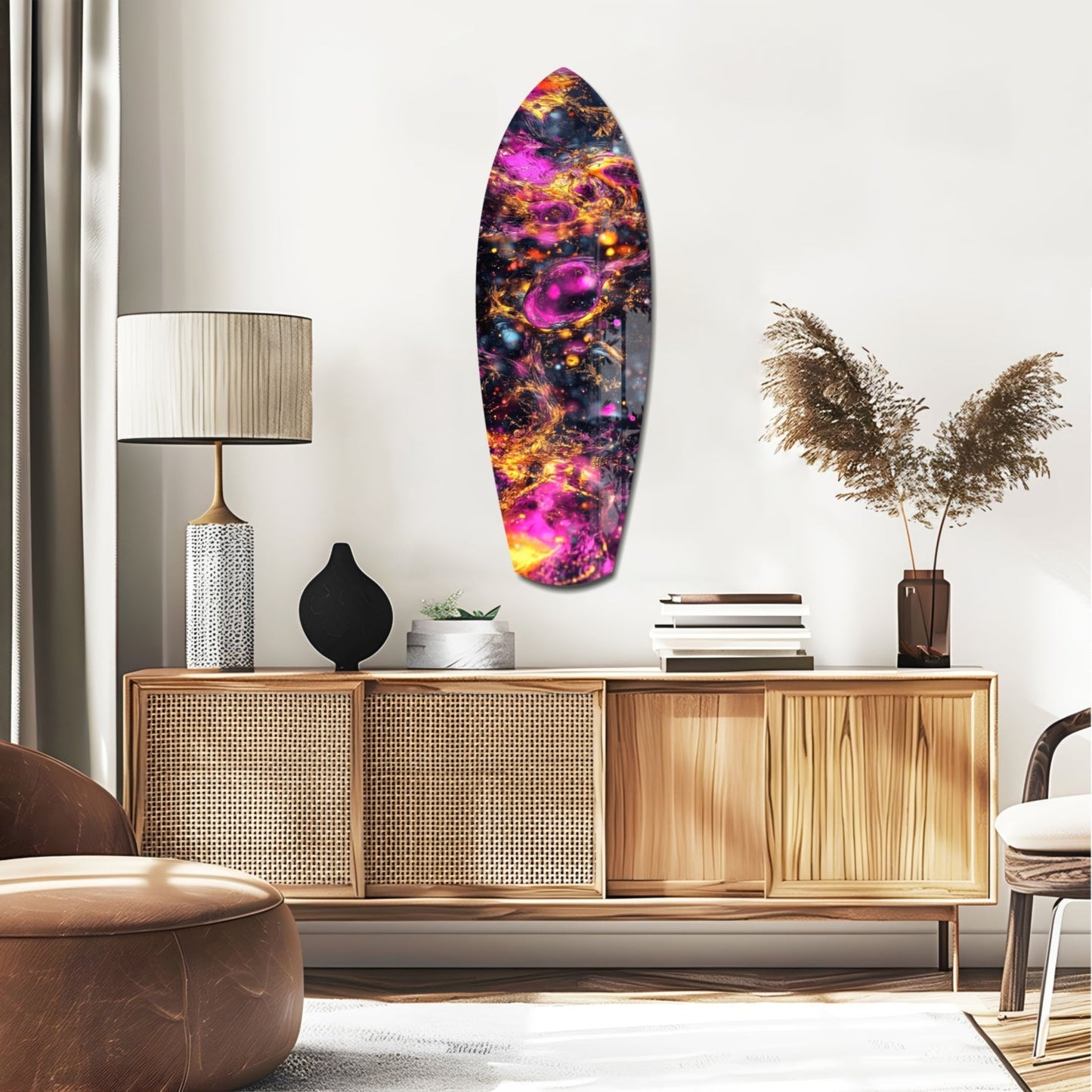 Magenta Gold Cosmic Bubbles Surfboard Glass Wall Art