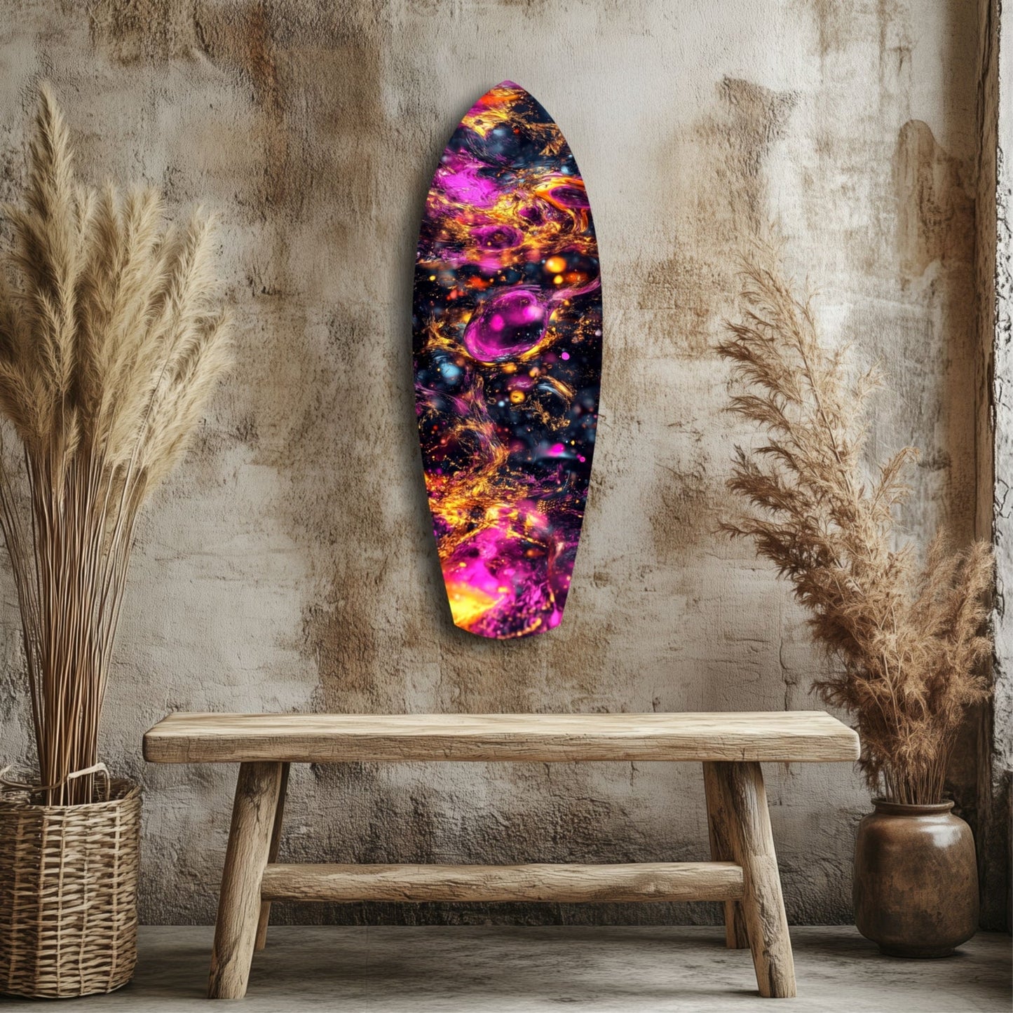Magenta Gold Cosmic Bubbles Surfboard Glass Wall Art