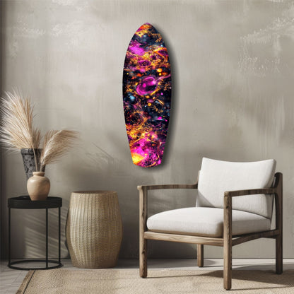 Magenta Gold Cosmic Bubbles Surfboard Glass Wall Art