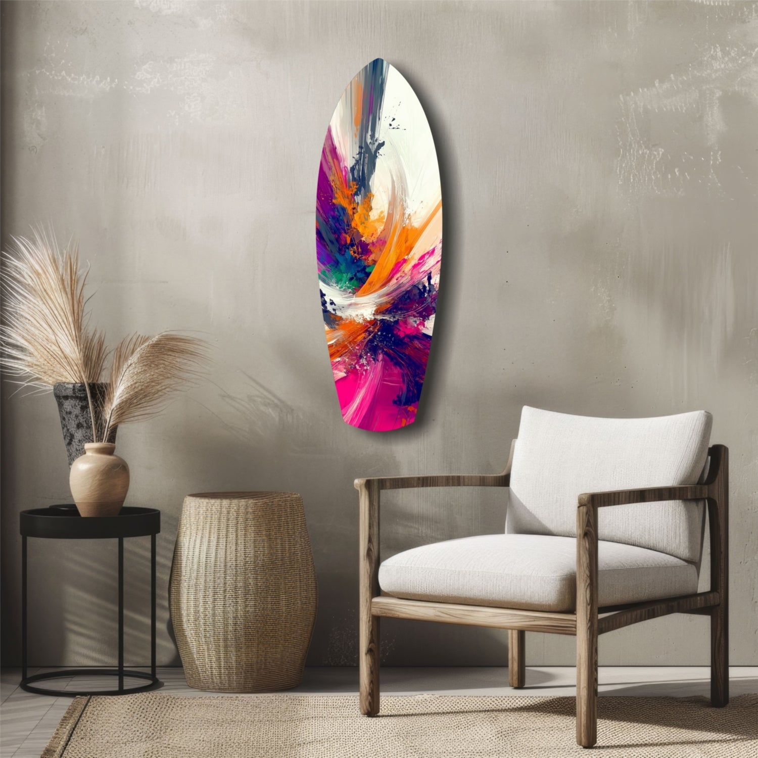 Colorful abstract paint brush glass wall art displaying vibrant pink, orange, blue, and purple strokes hung above a wooden chair in a modern living room setting.