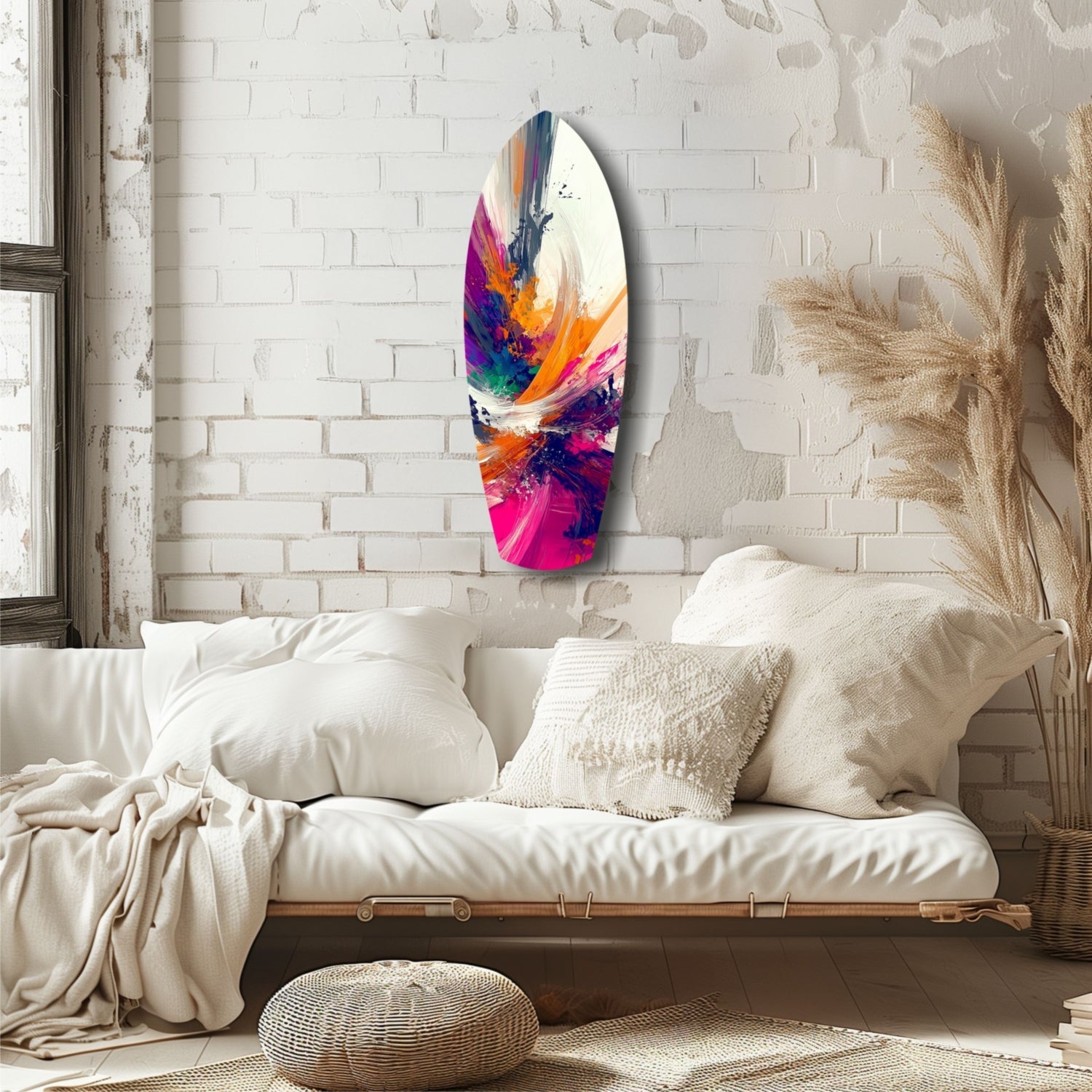 Colorful abstract glass wall art with swirling paint strokes in vibrant blues, purples, oranges, and pinks displayed above a neutral bedroom sofa.