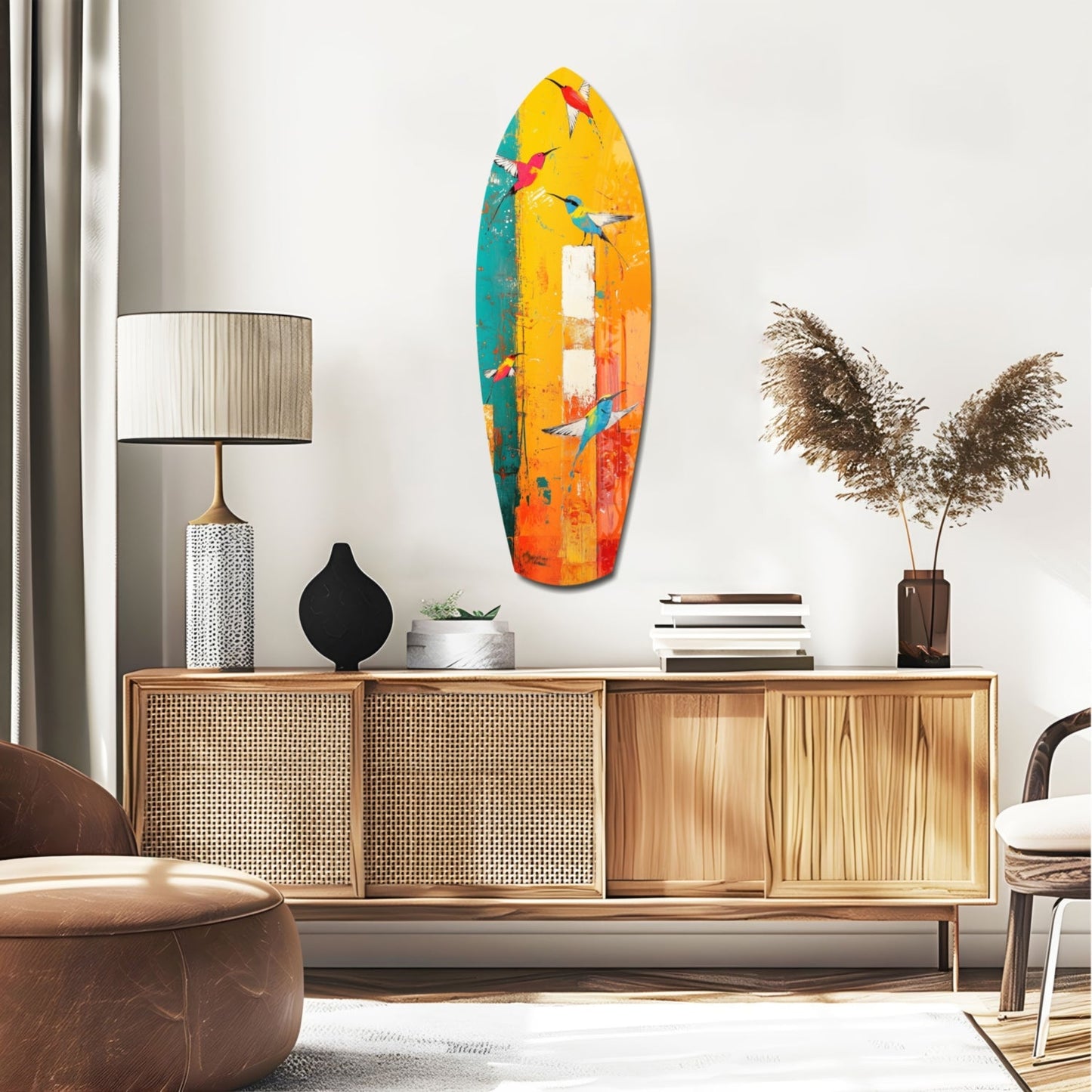 Colorful glass surfboard wall art with yellow, orange, teal, and red hues depicting flying birds, displayed above a wooden mid-century credenza in a modern living room.