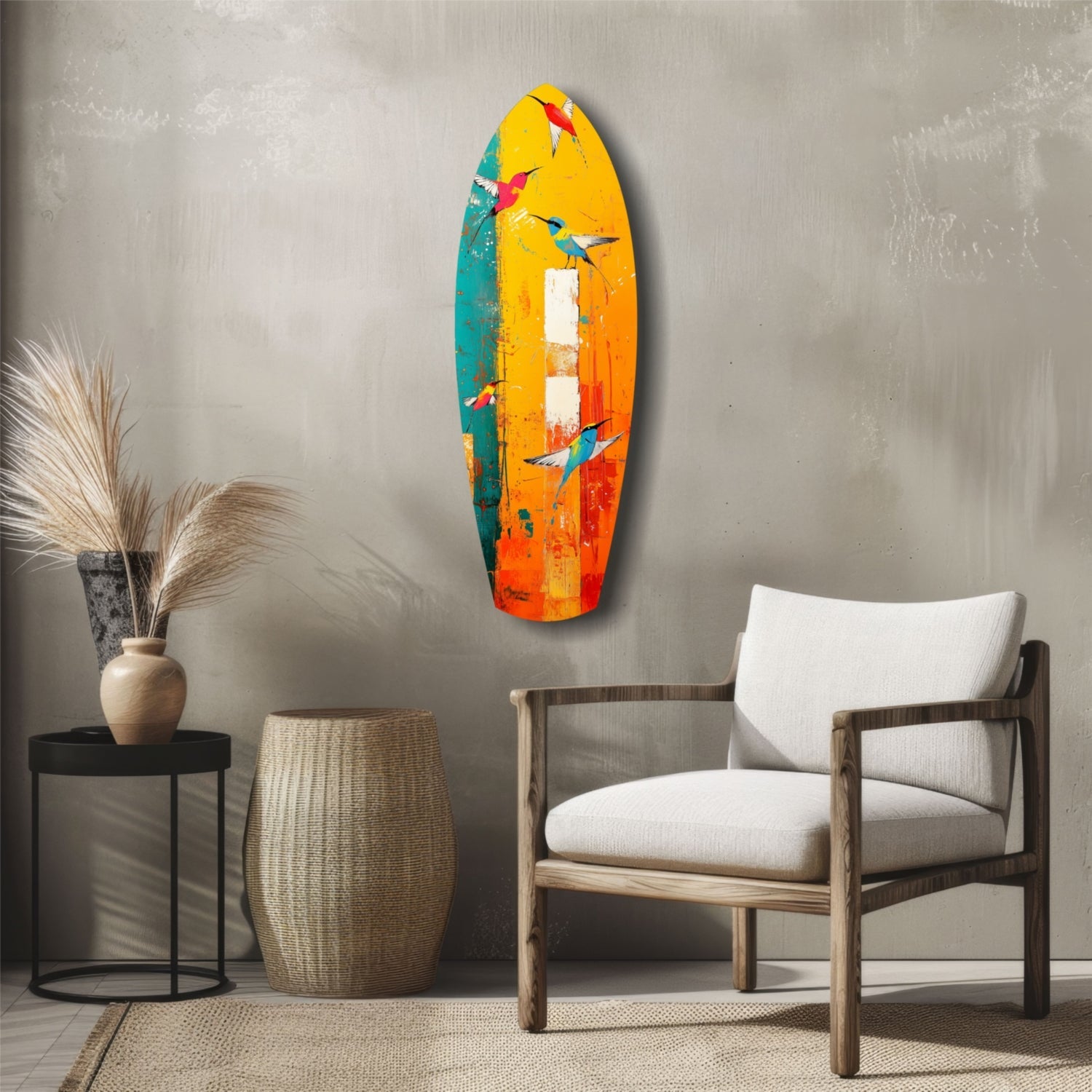 Colorful glass surfboard wall art featuring painted birds in yellow, orange, teal, and red tones displayed in modern living room setting.
