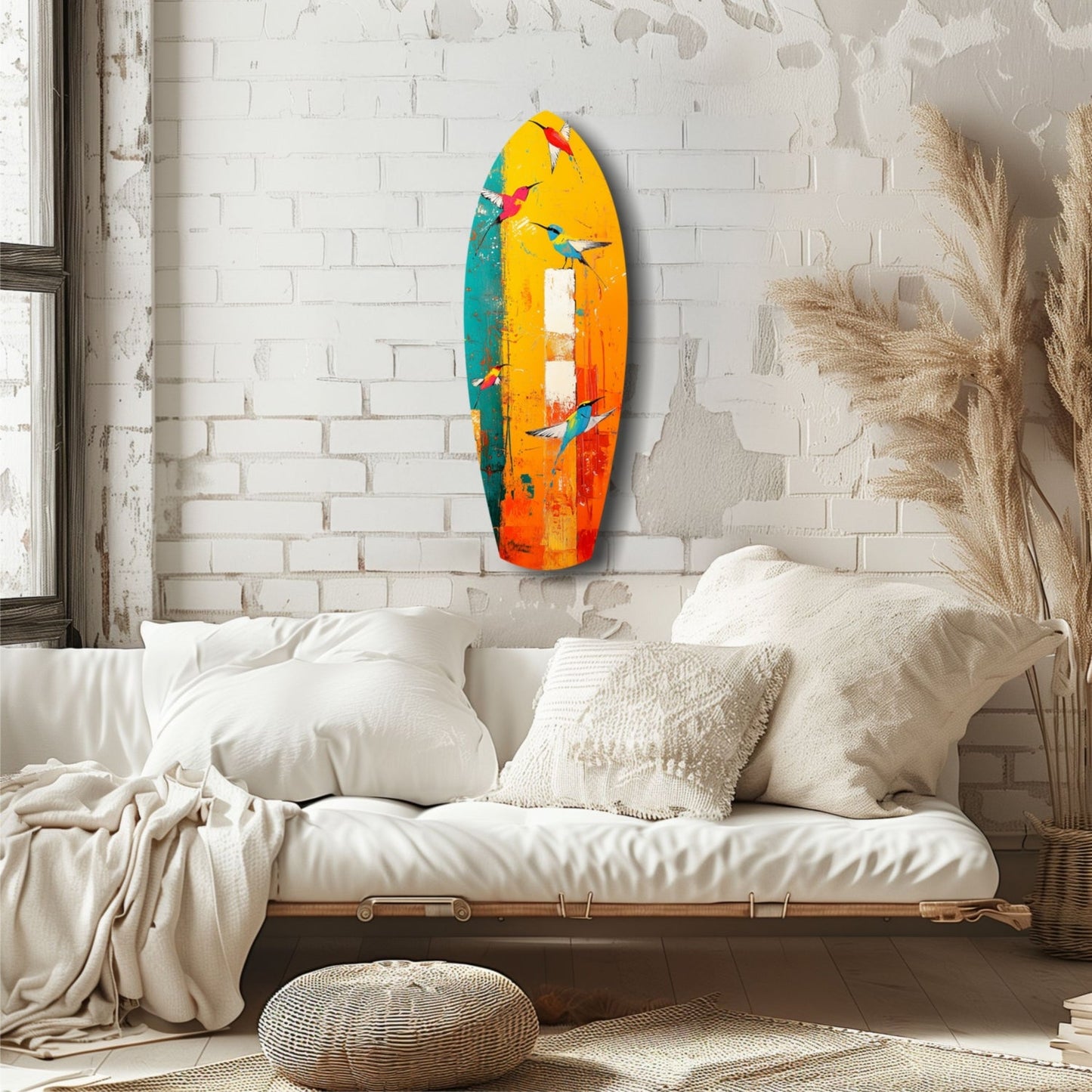 Colorful glass wall art featuring yellow, orange, teal, and red hues with bird designs, displayed above a cream-upholstered daybed in a minimalist bedroom.