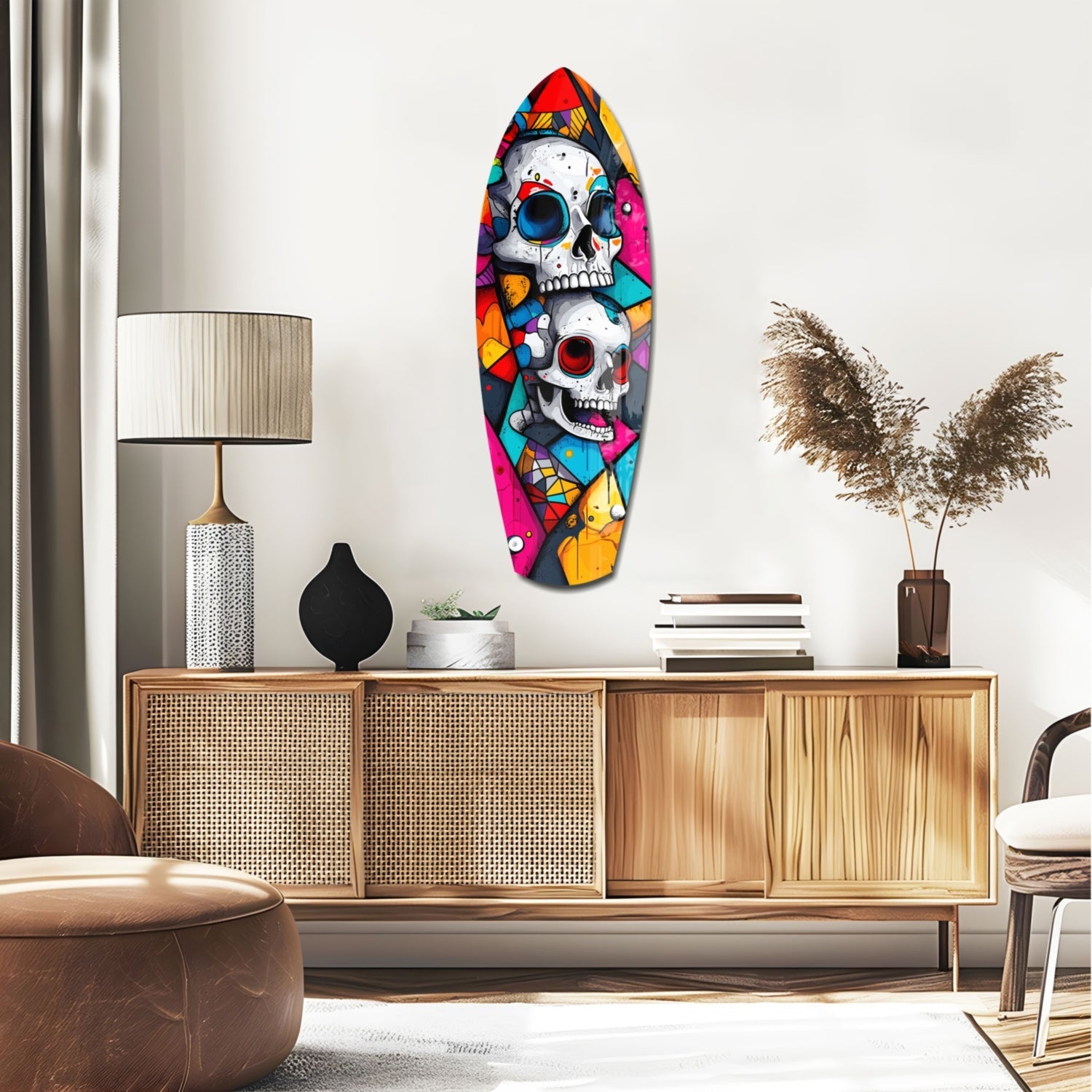 Colorful skull glass wall art with vibrant geometric patterns displayed above wooden mid-century credenza in modern living room setting.