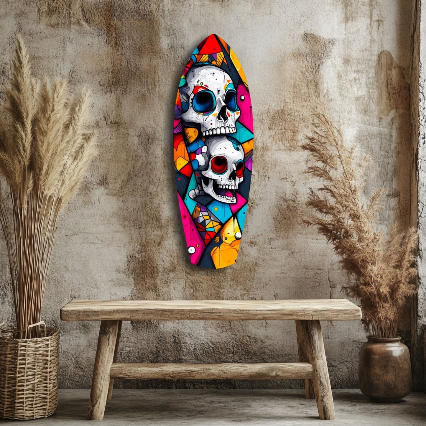 Colorful glass wall art featuring two stacked skulls with vibrant geometric patterns displayed above a wooden bench in a textured room setting.