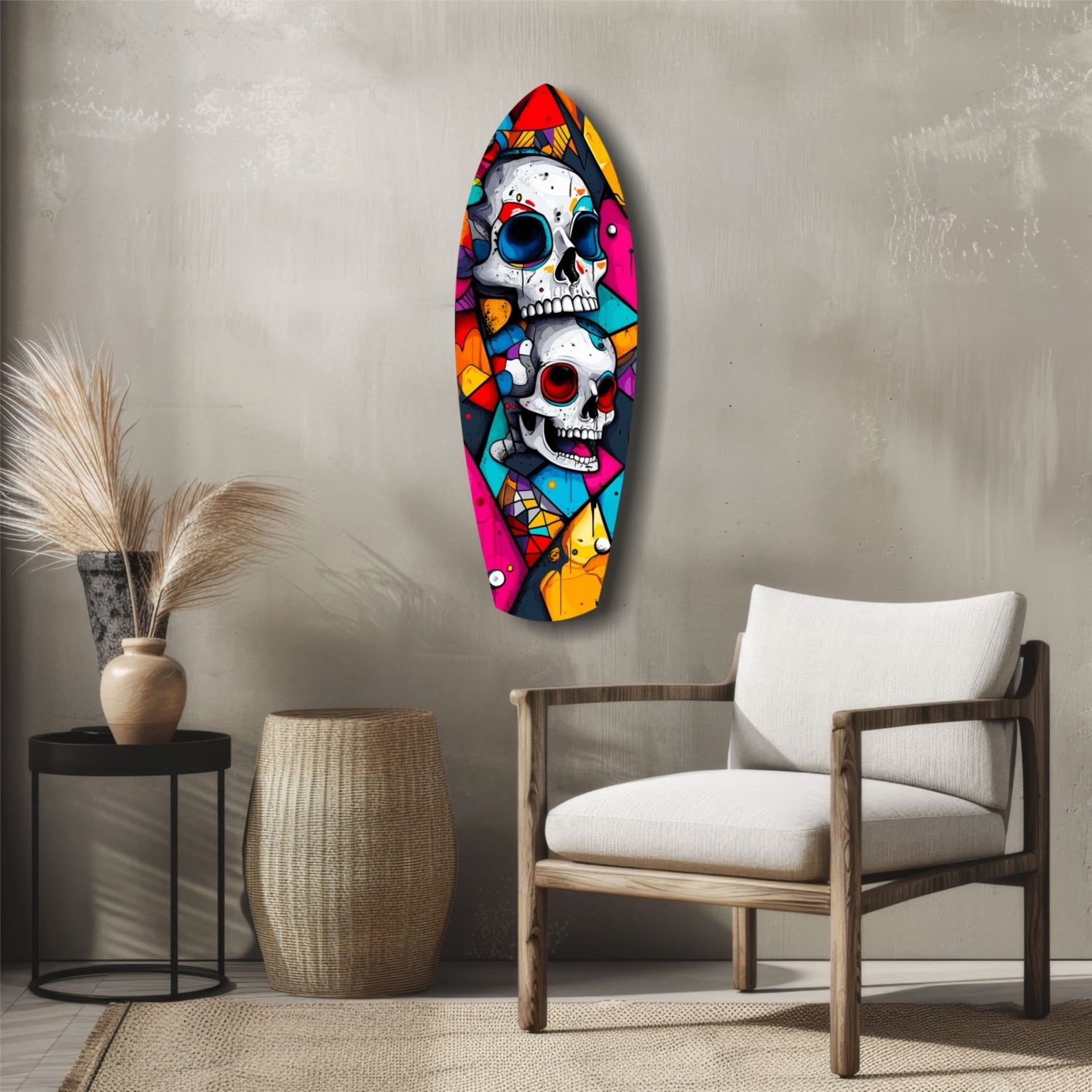 Colorful glass skull wall art displayed above a wooden chair in a minimalist room setting with neutral decor.