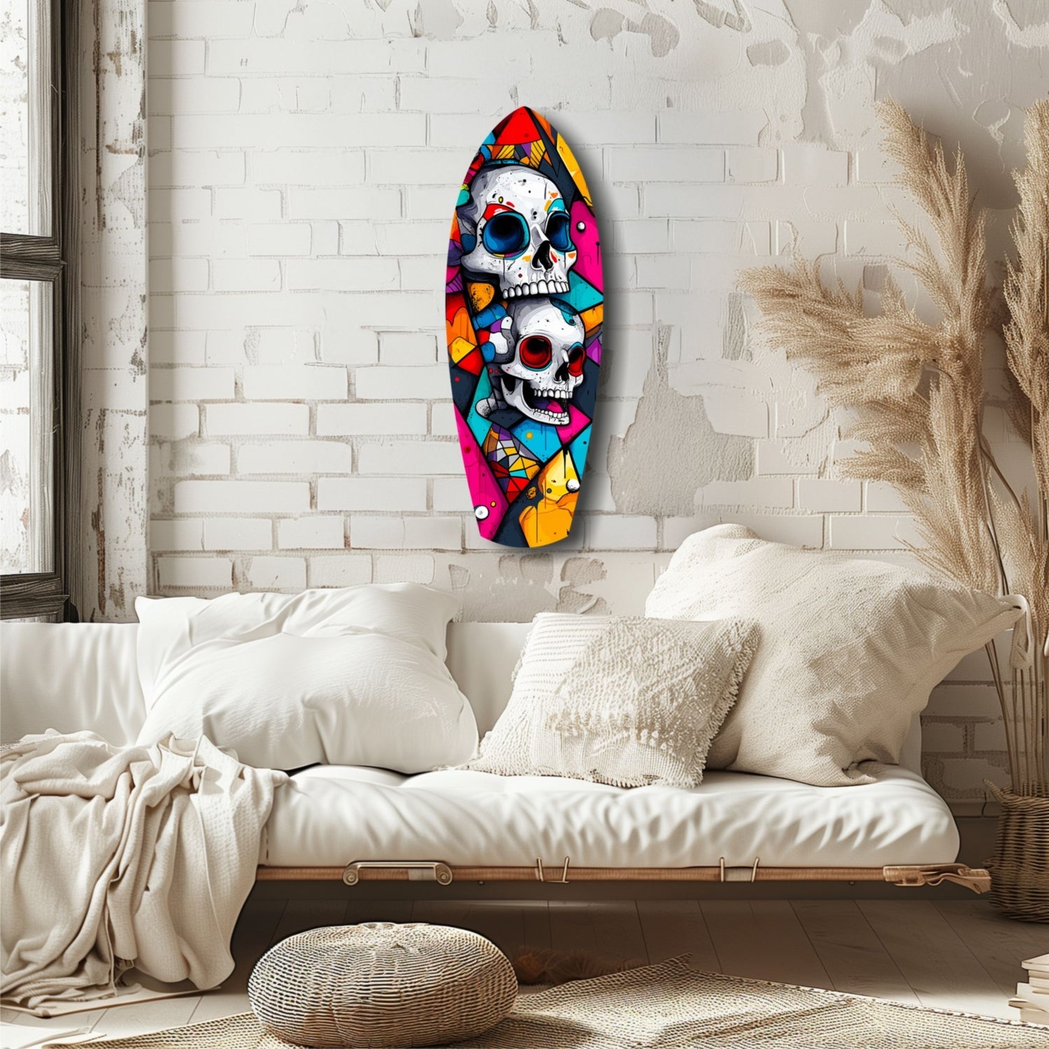 Colorful glass skull wall art featuring stacked skulls with rainbow geometric patterns, displayed above a white linen sofa in a brick bedroom.