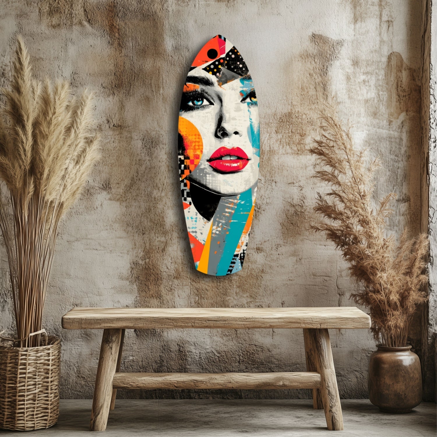 Colorful pop art glass wall sculpture of a woman's face with red lips and geometric patterns displayed above a wooden bench against a textured beige wall.