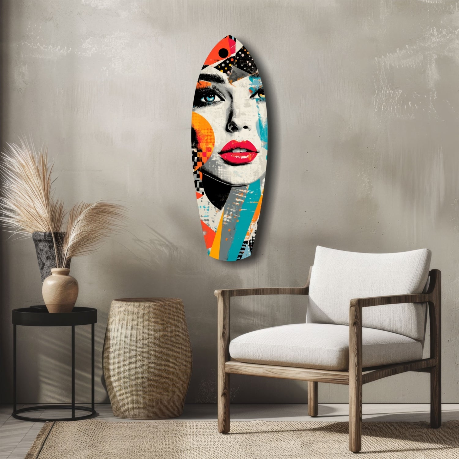 Colorful pop art glass wall art depicting a woman's face with bold red lips and multicolored geometric patterns, displayed above a wooden chair in a minimalist interior.