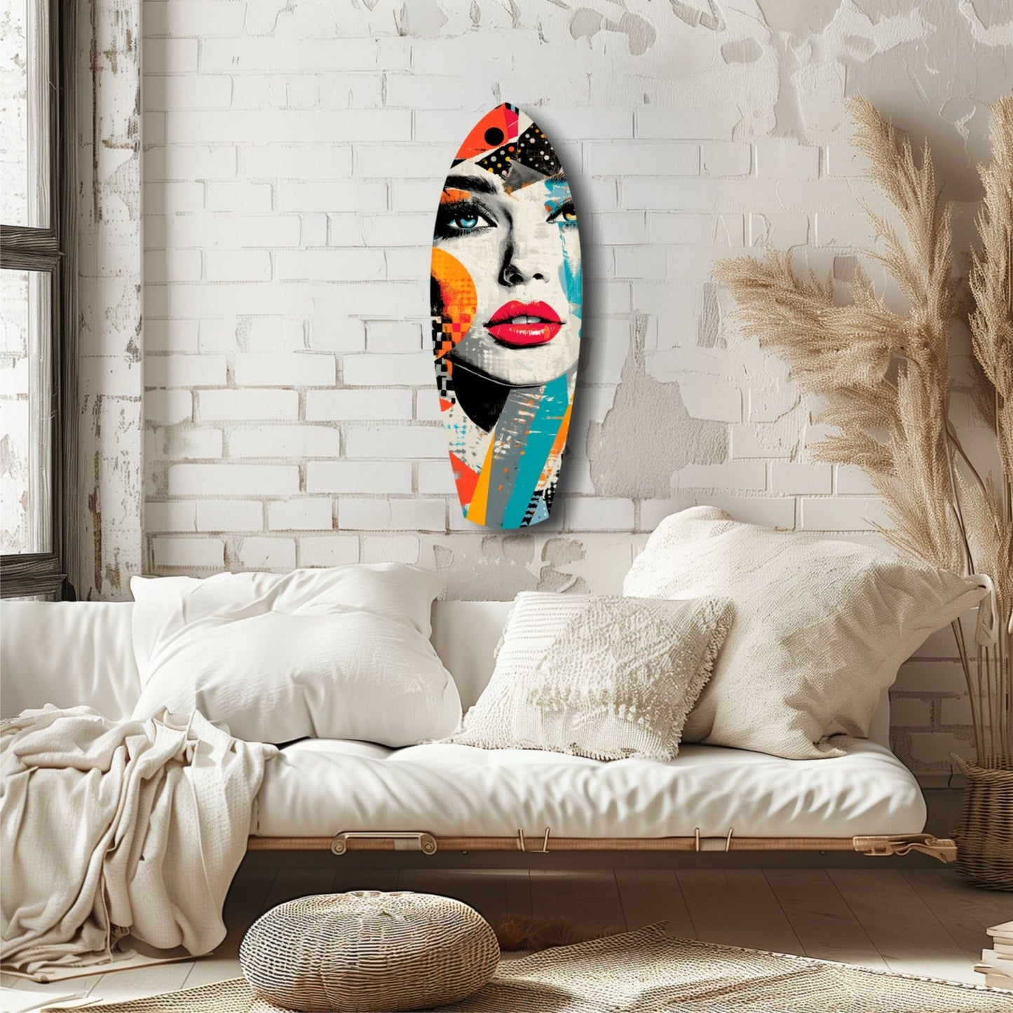 Colorful pop art glass portrait hanging on white brick wall above cream bedding, featuring woman's face with bold geometric patterns in red, blue, orange and black.