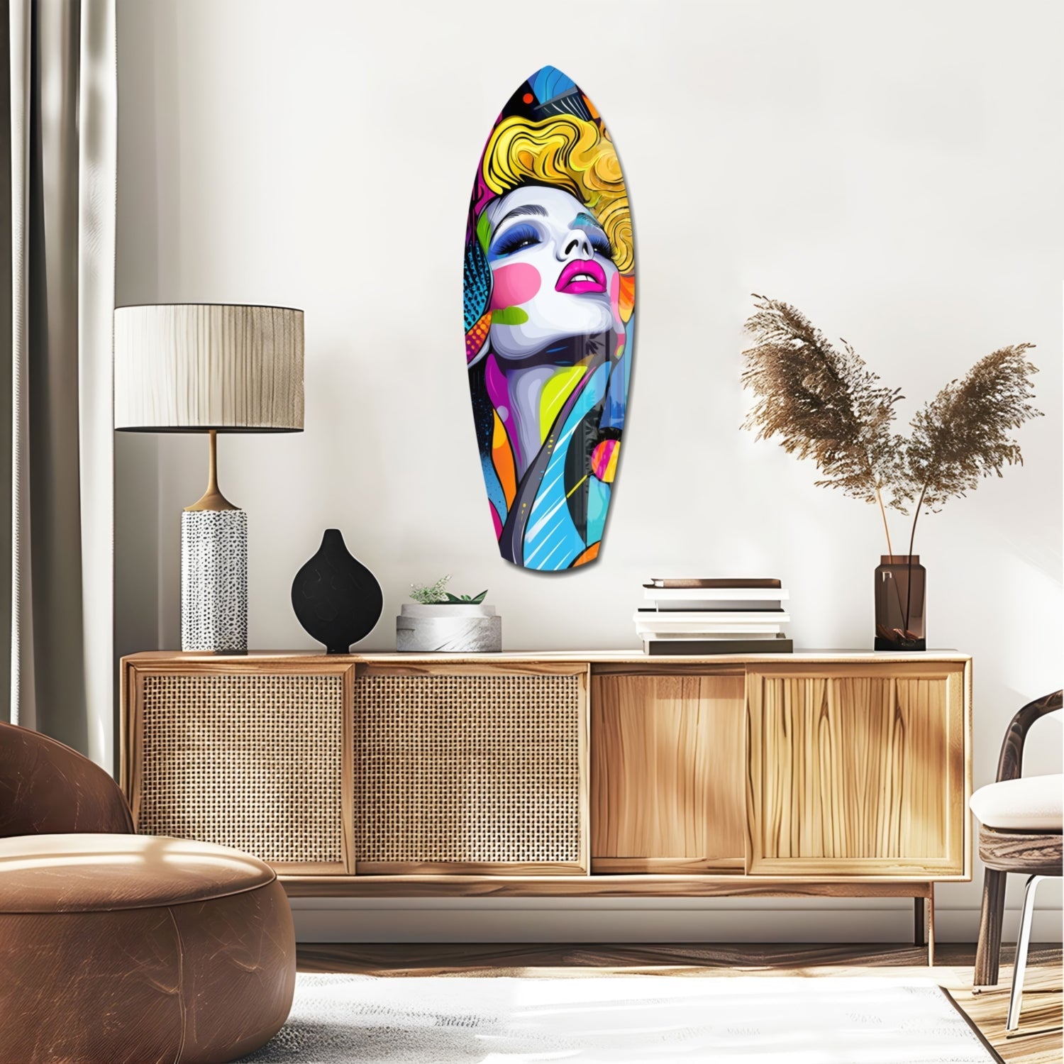 Colorful pop art glass wall art featuring a woman's face with blonde hair and vibrant multicolored geometric patterns displayed above a wooden sideboard.