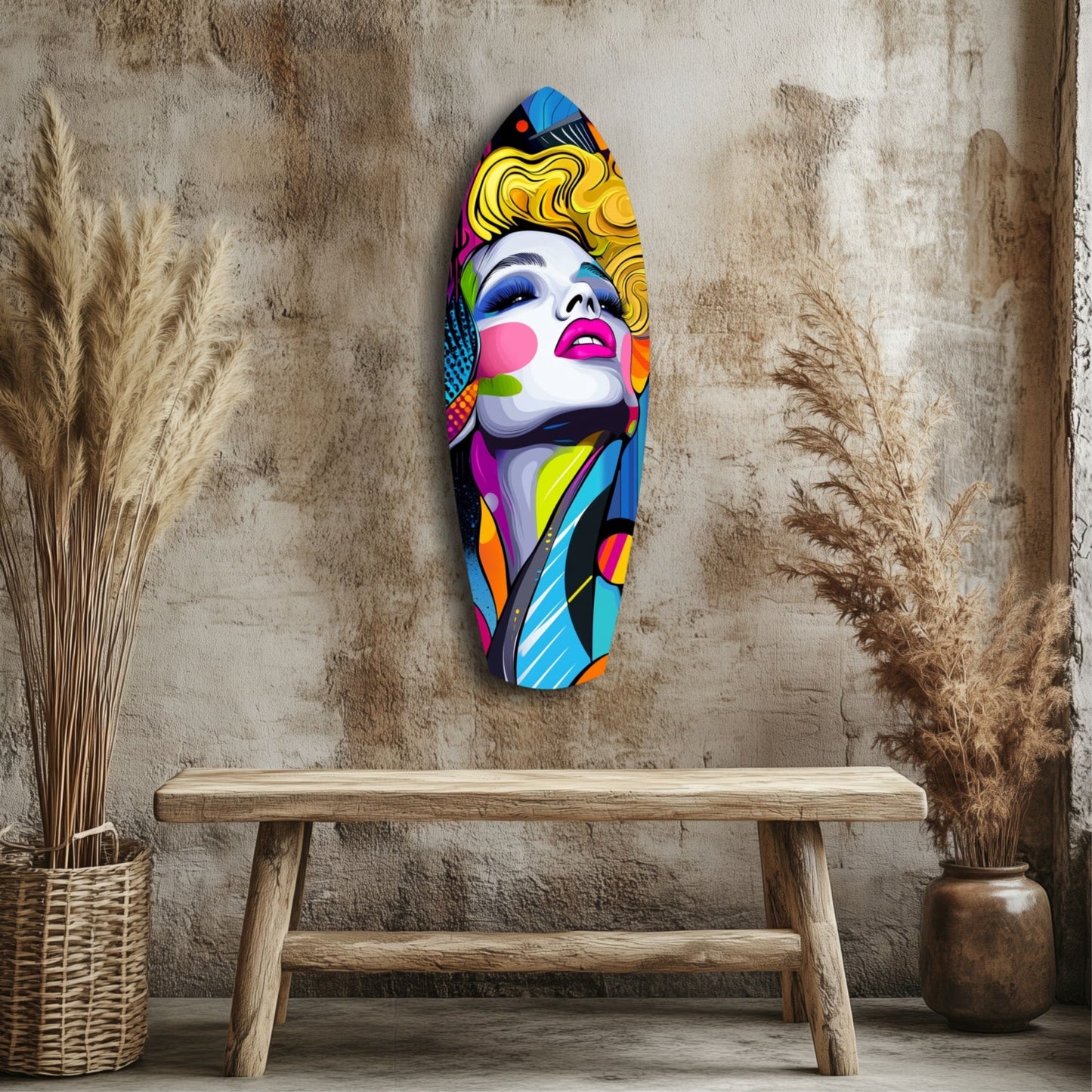 Colorful pop art glass wall art depicting a woman's face with blonde hair and bold makeup, displayed above a wooden bench in a rustic interior setting.