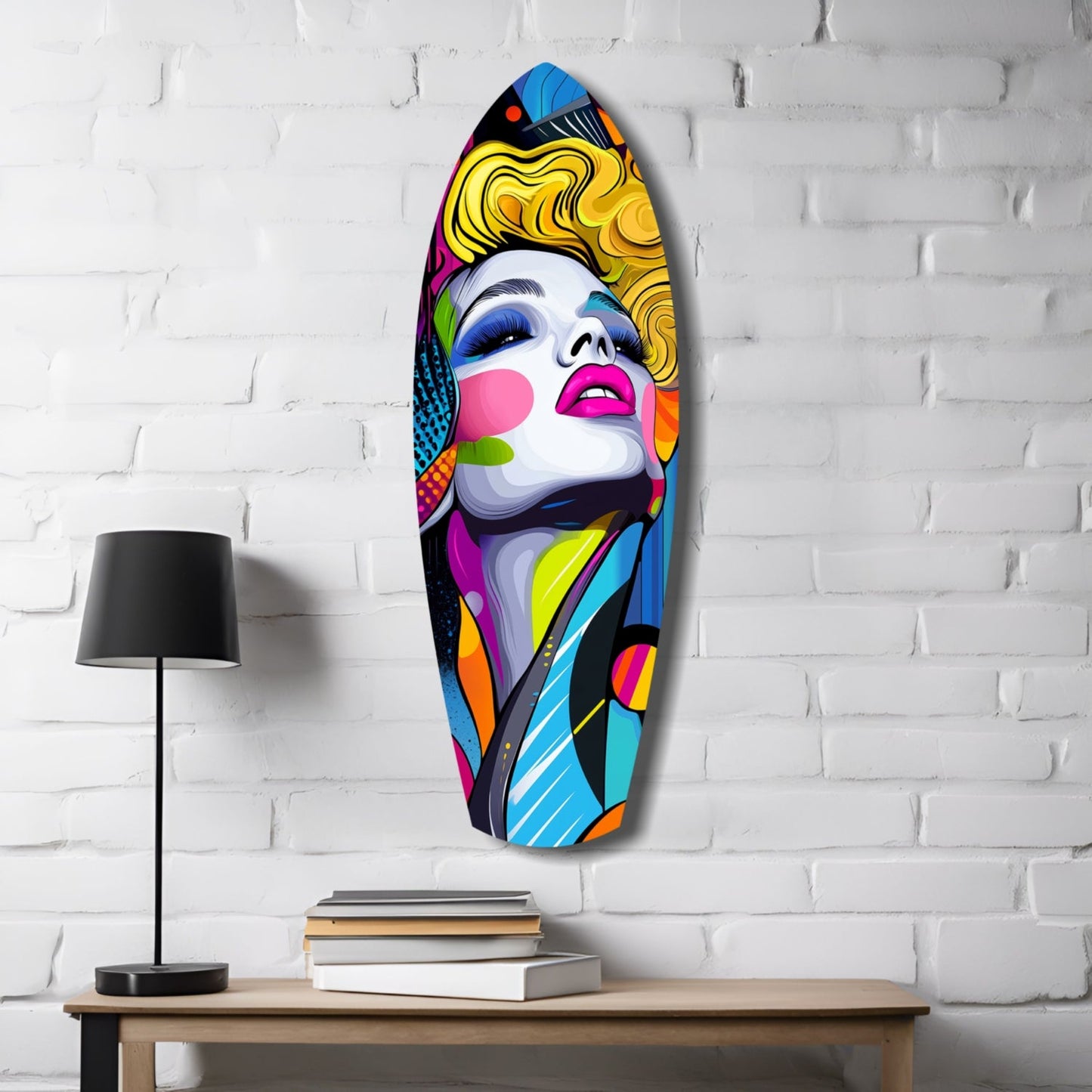 Colorful pop art glass wall sculpture of a woman's face with blonde hair, vibrant geometric patterns, and bold makeup displayed on white brick wall above wooden desk with lamp and books.