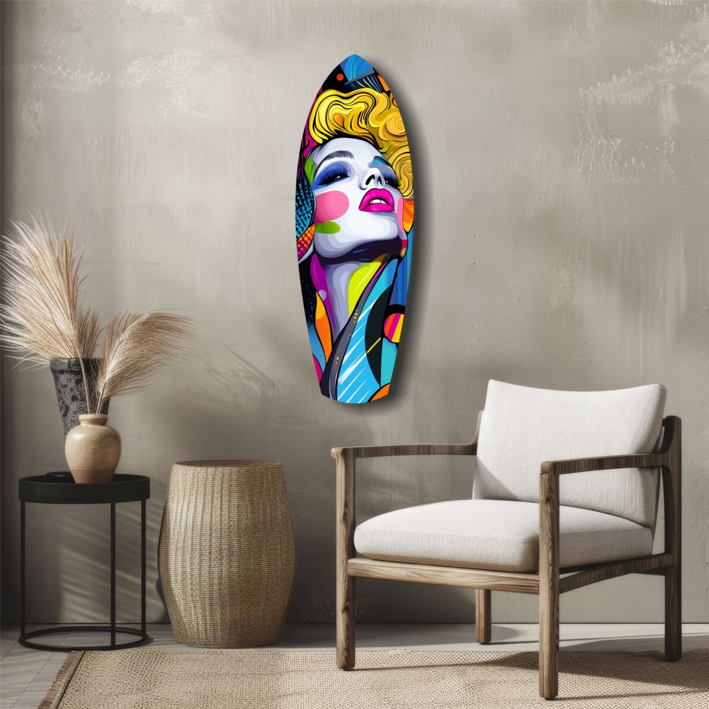 Colorful pop art glass wall sculpture of a woman's face with yellow hair and blue eyes displayed above a wooden chair in a minimalist interior.