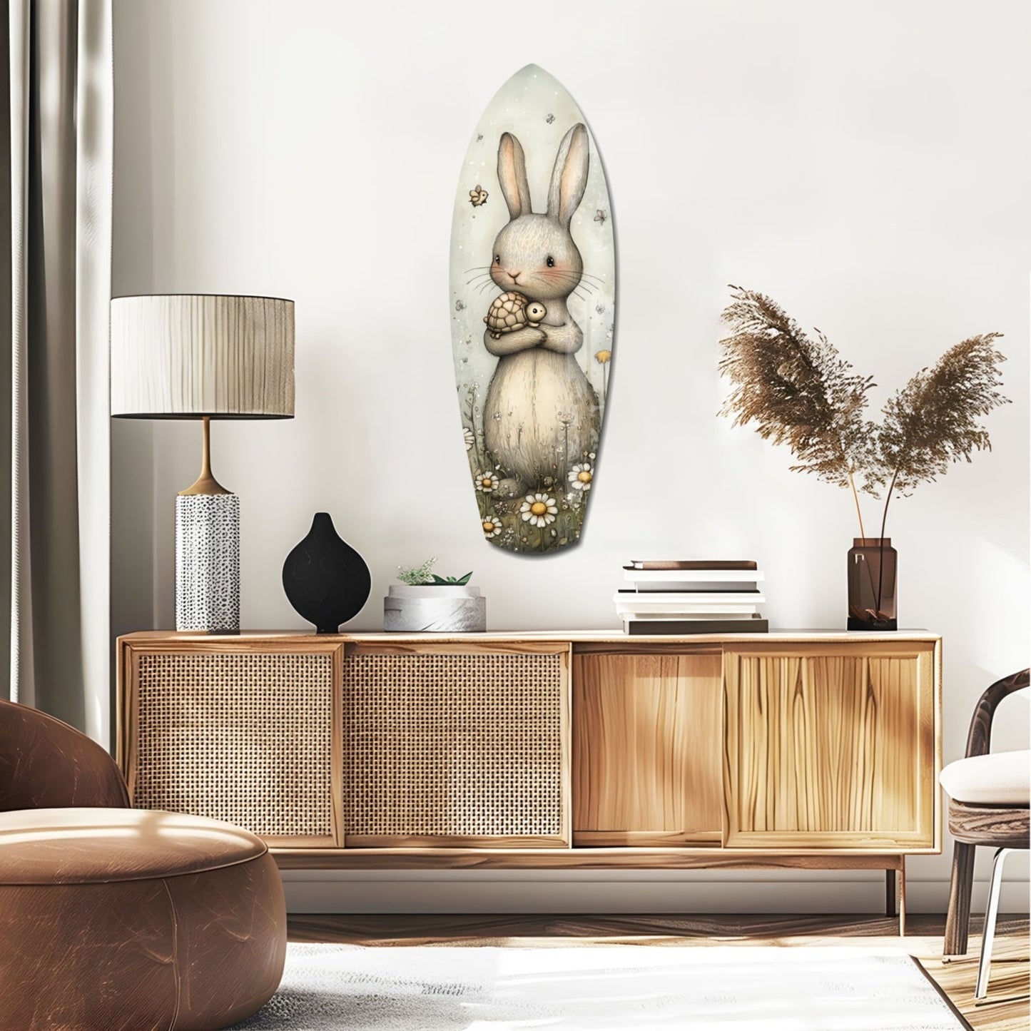 Cute rabbit glass wall art displayed above a wooden mid-century credenza in a styled living room interior.
