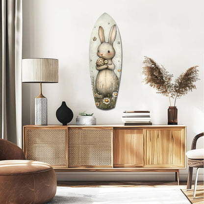 Cute rabbit glass wall art displayed above a wooden mid-century credenza in a styled living room interior.