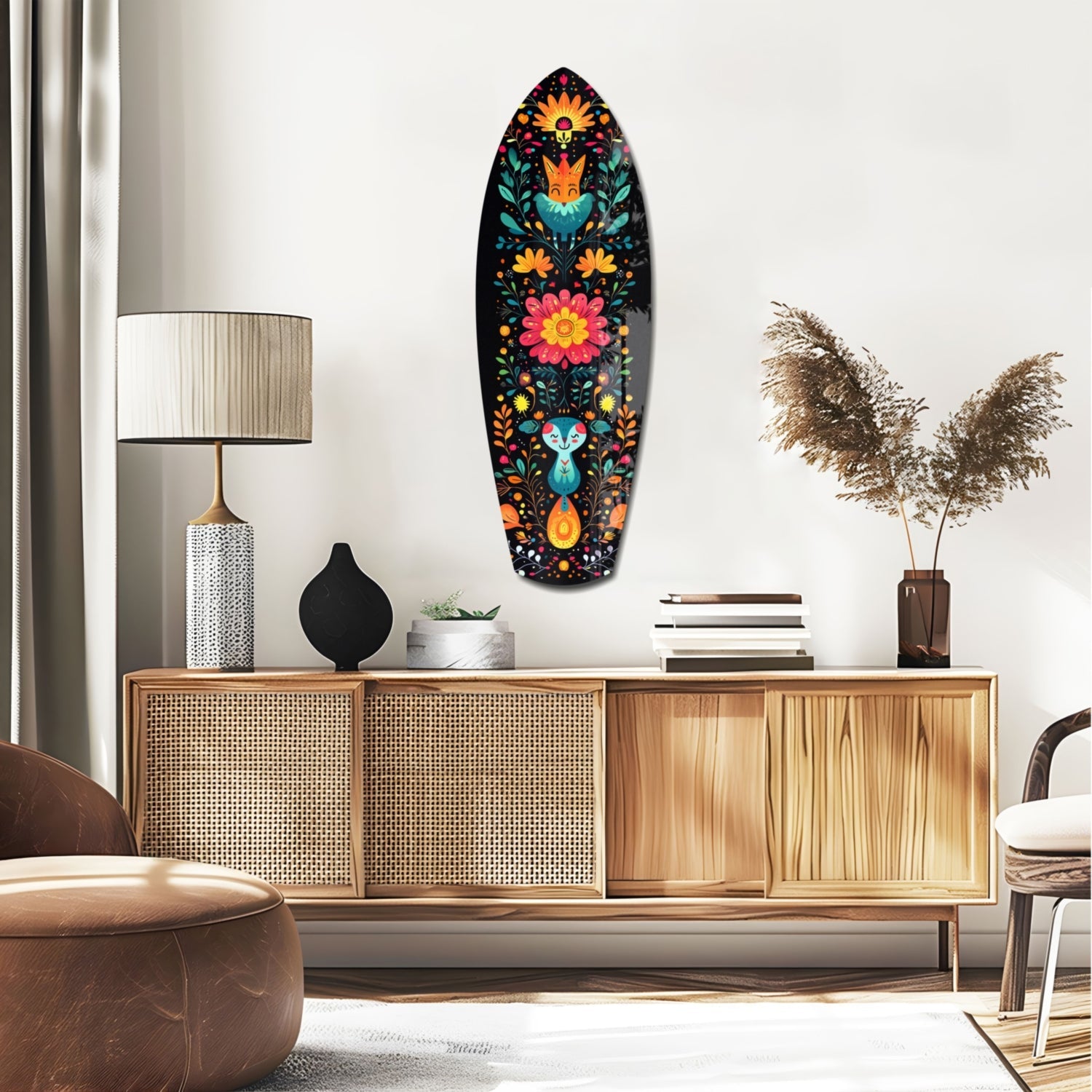 Colorful black glass wall art featuring foxes, rabbits, and flowers in folk art style, displayed above mid-century wooden credenza in modern living room.