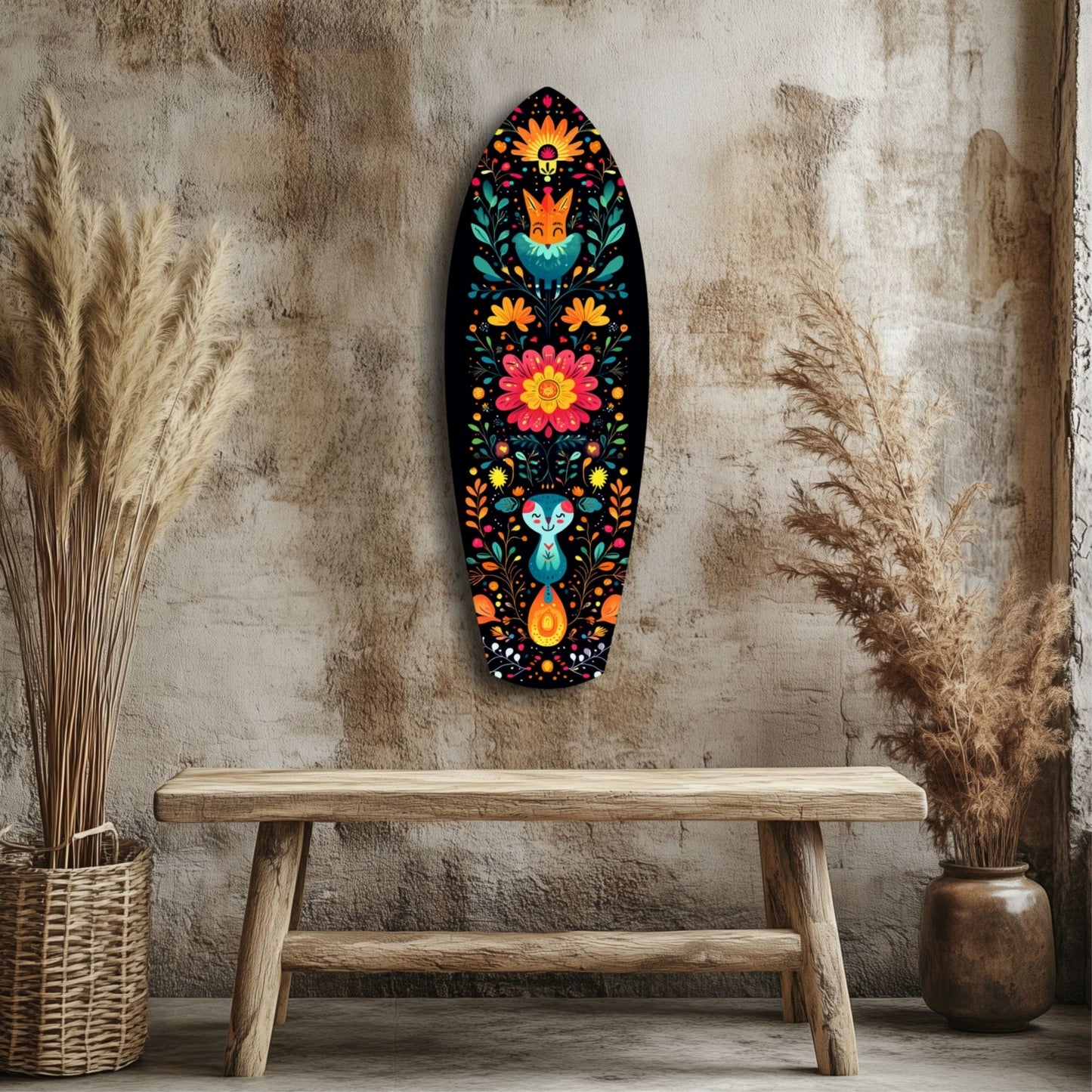 Black oval glass wall art with colorful folk-art animals and flowers displayed above wooden bench in rustic interior.