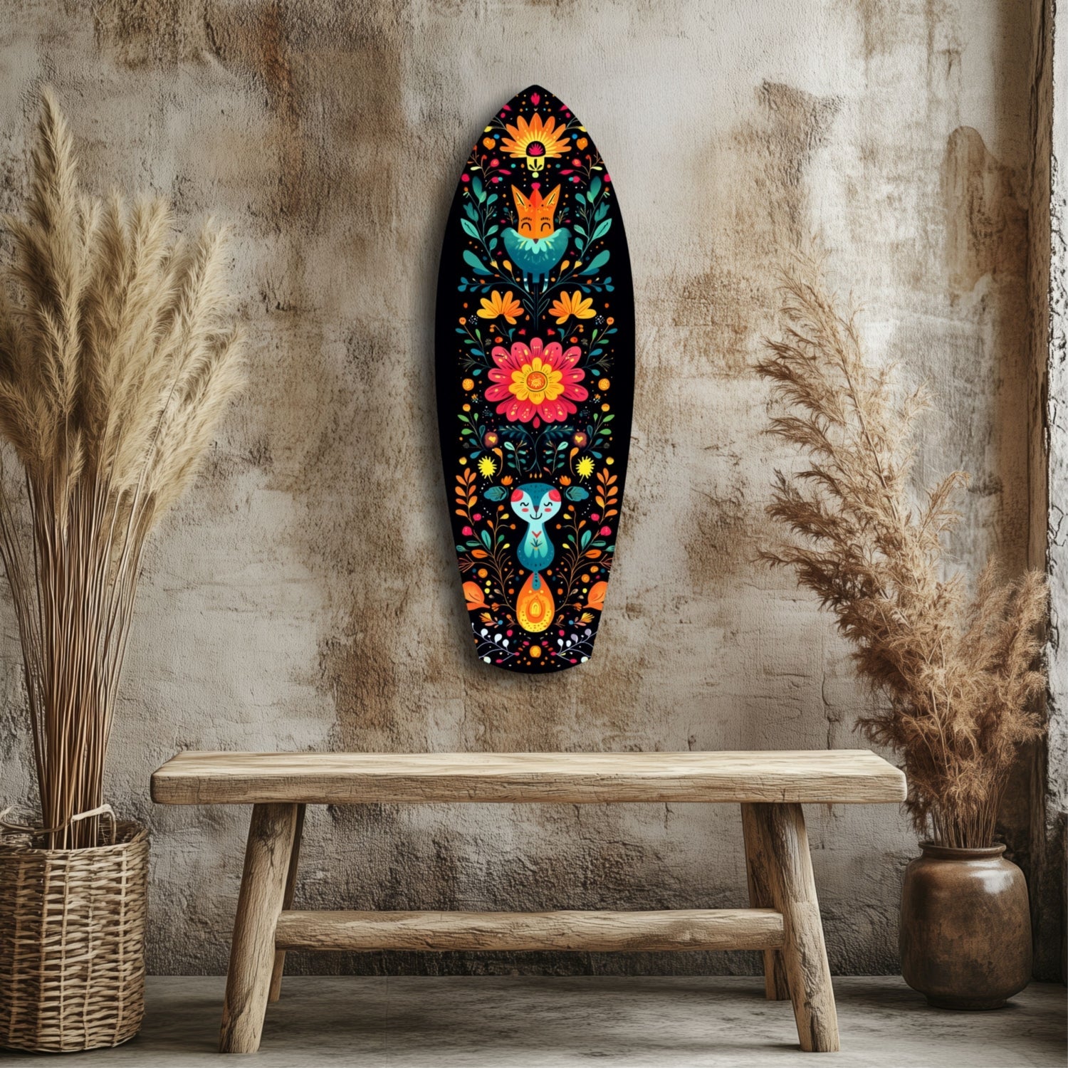 Black oval glass wall art with colorful folk-art animals and flowers displayed above wooden bench in rustic interior.