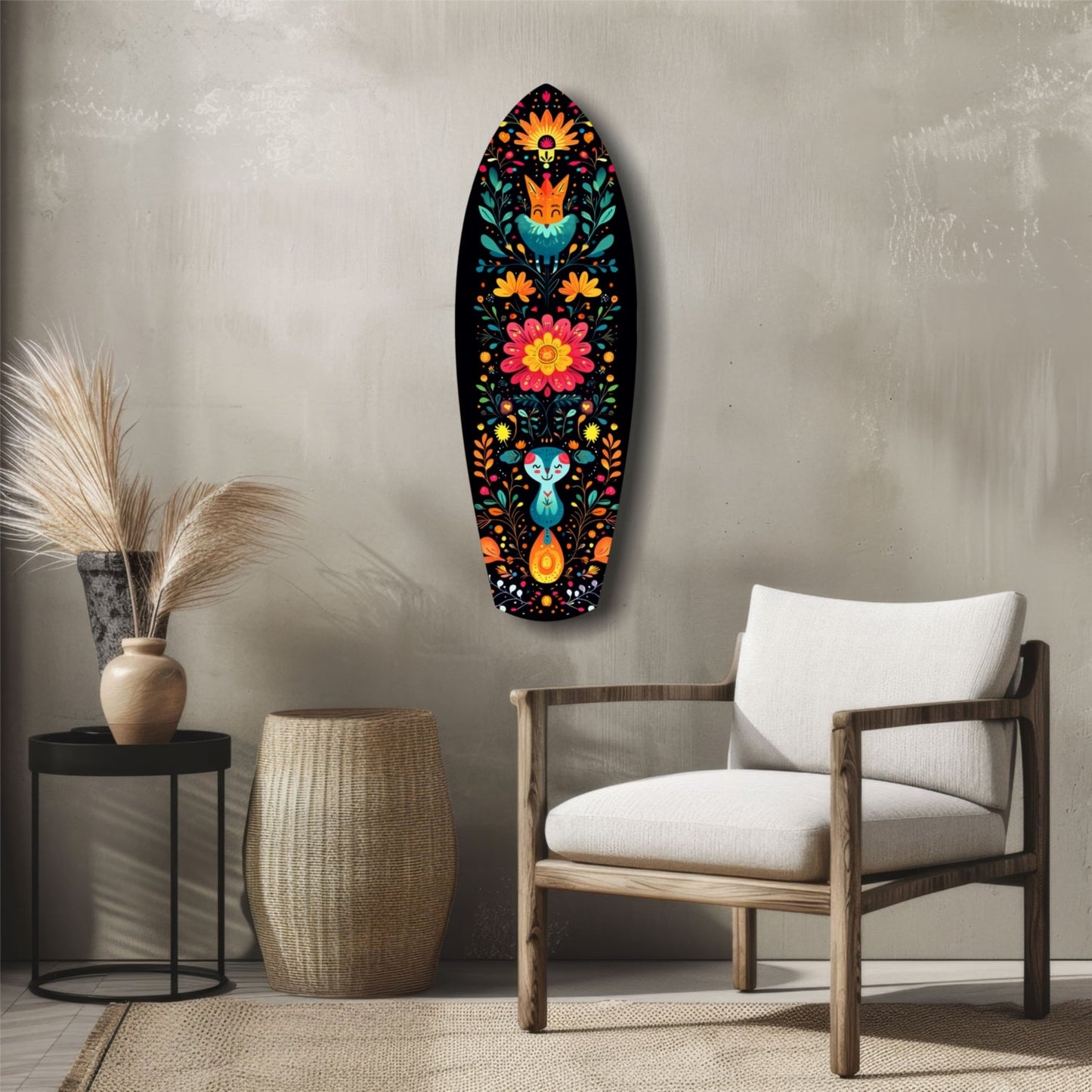 Colorful black glass wall art featuring folk-inspired fox and rabbit design with vibrant flowers displayed in modern interior setting.