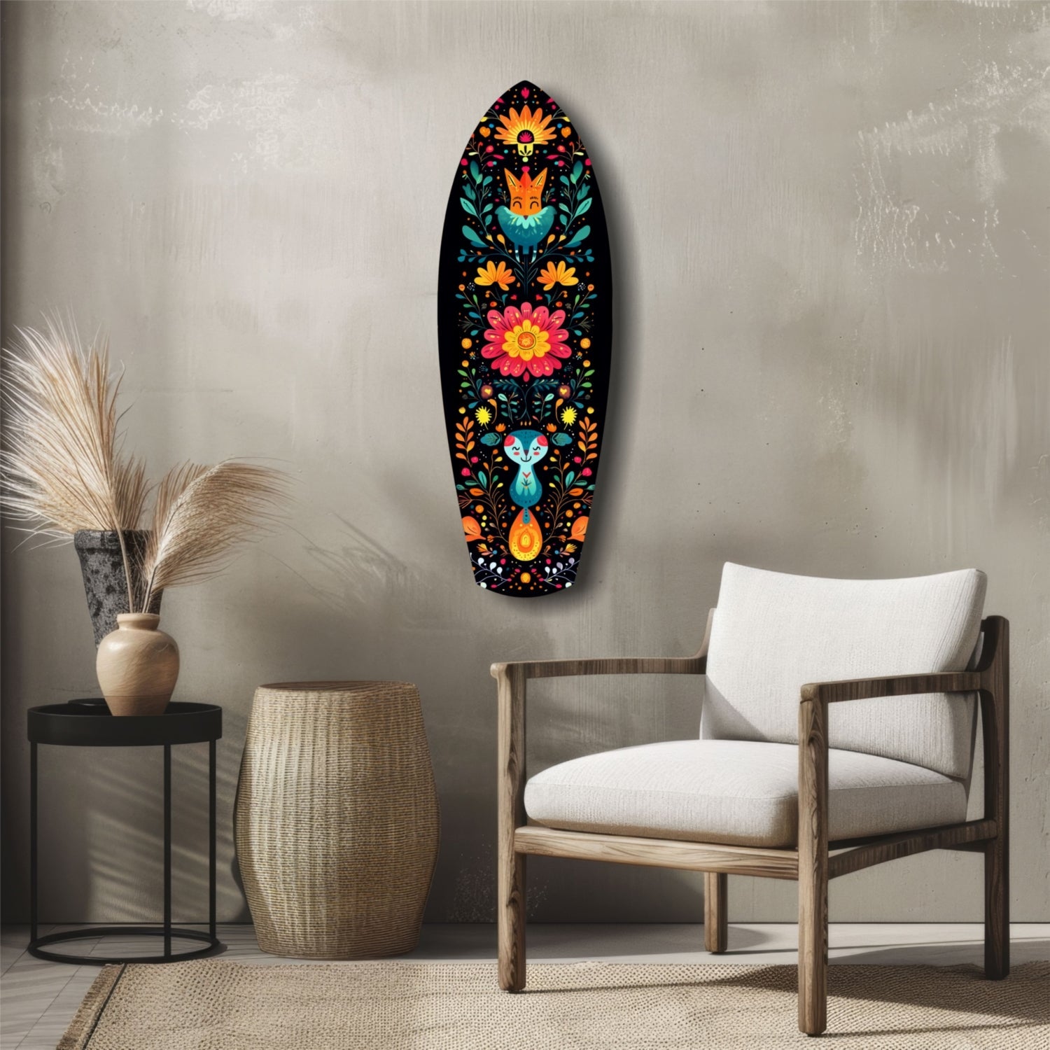 Colorful black glass wall art featuring folk-inspired fox and rabbit design with vibrant flowers displayed in modern interior setting.