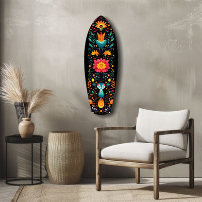 Colorful black glass wall art featuring folk-inspired fox and rabbit design with vibrant flowers displayed in modern interior setting.