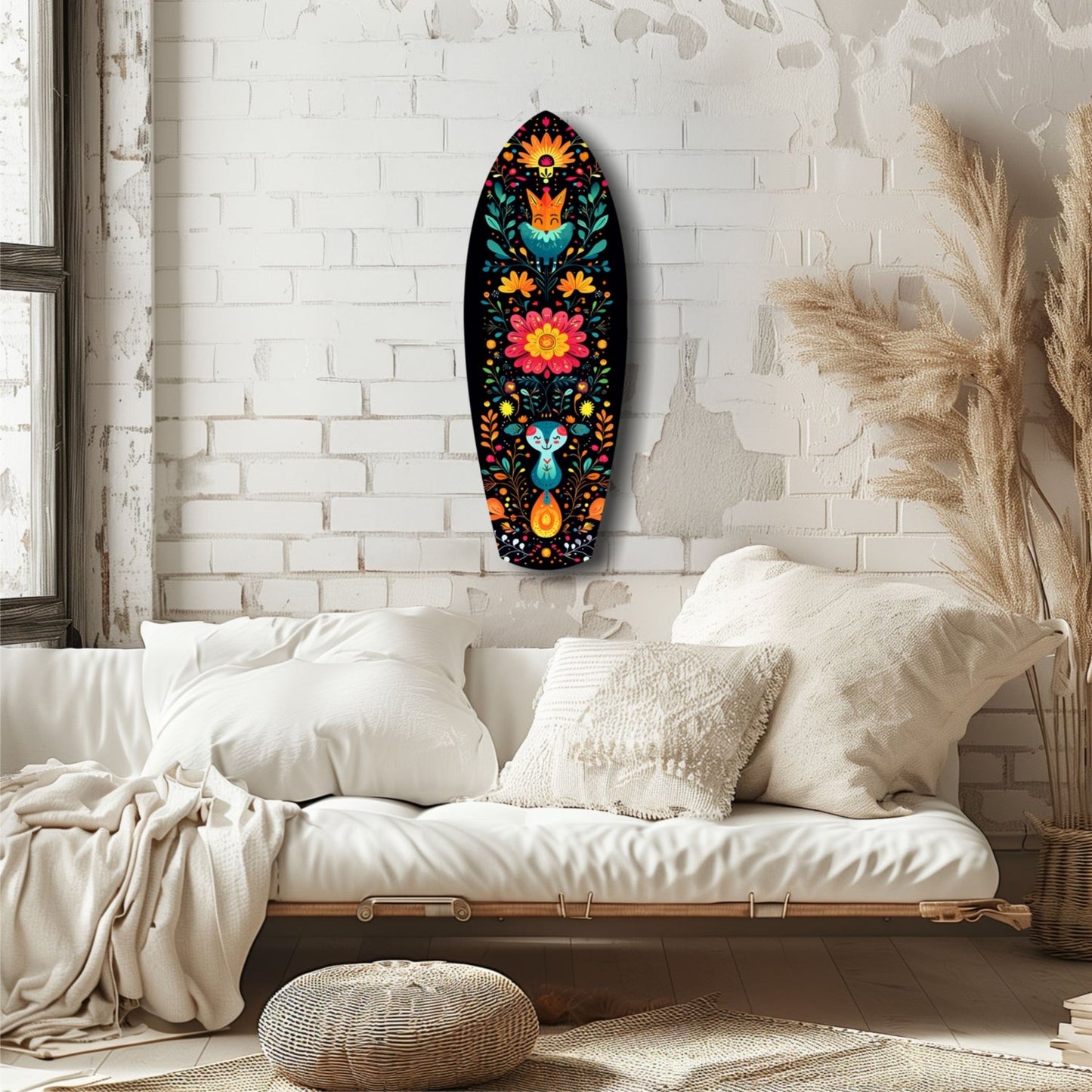 Colorful black glass wall art with symmetrical floral and animal design displayed above a cream bedside with white pillows and pampas grass.